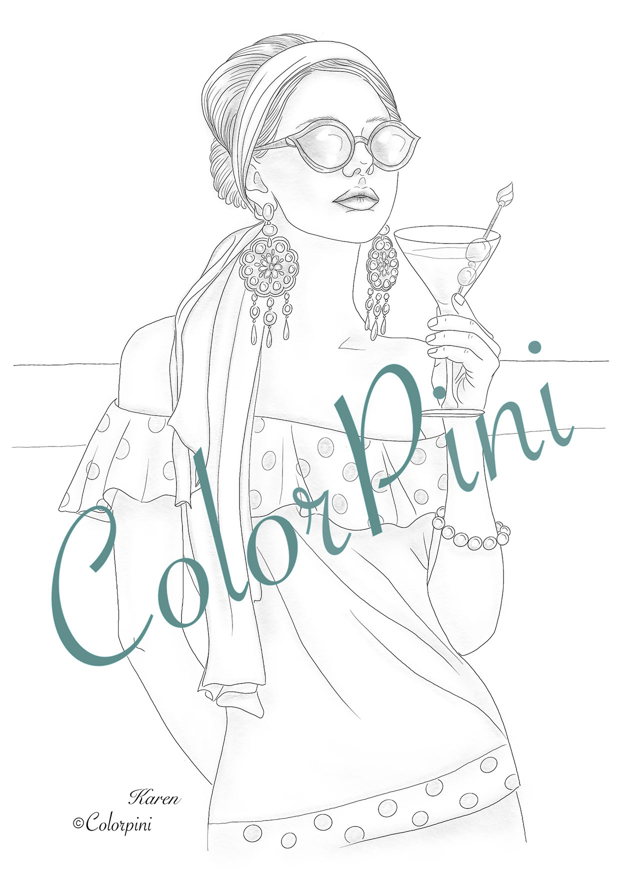Karen, a hand-drawn grayscale fantasy woman coloring page by Carolyn Pini, Swiss artist