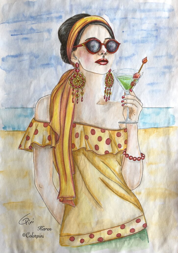 Karen, a watercolor fantasy woman painting by Carolyn Pini, Swiss artist
