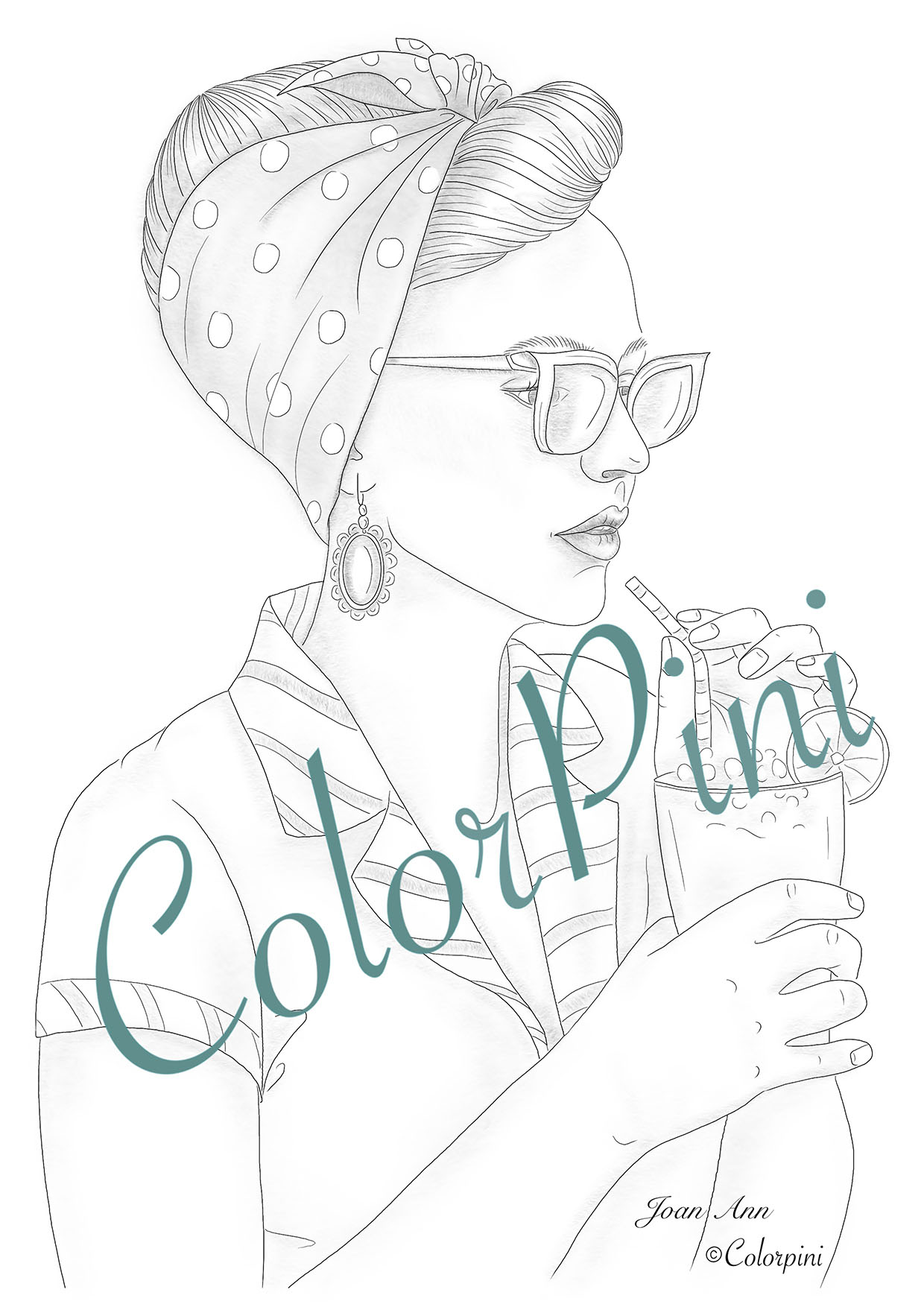 Joan Ann, a hand-drawn grayscale fantasy woman coloring page by Carolyn Pini, Swiss artist