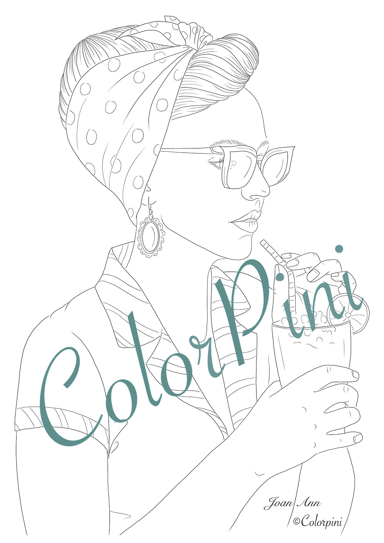 Joan Ann, hand-drawn fantasy woman lineart by Carolyn Pini