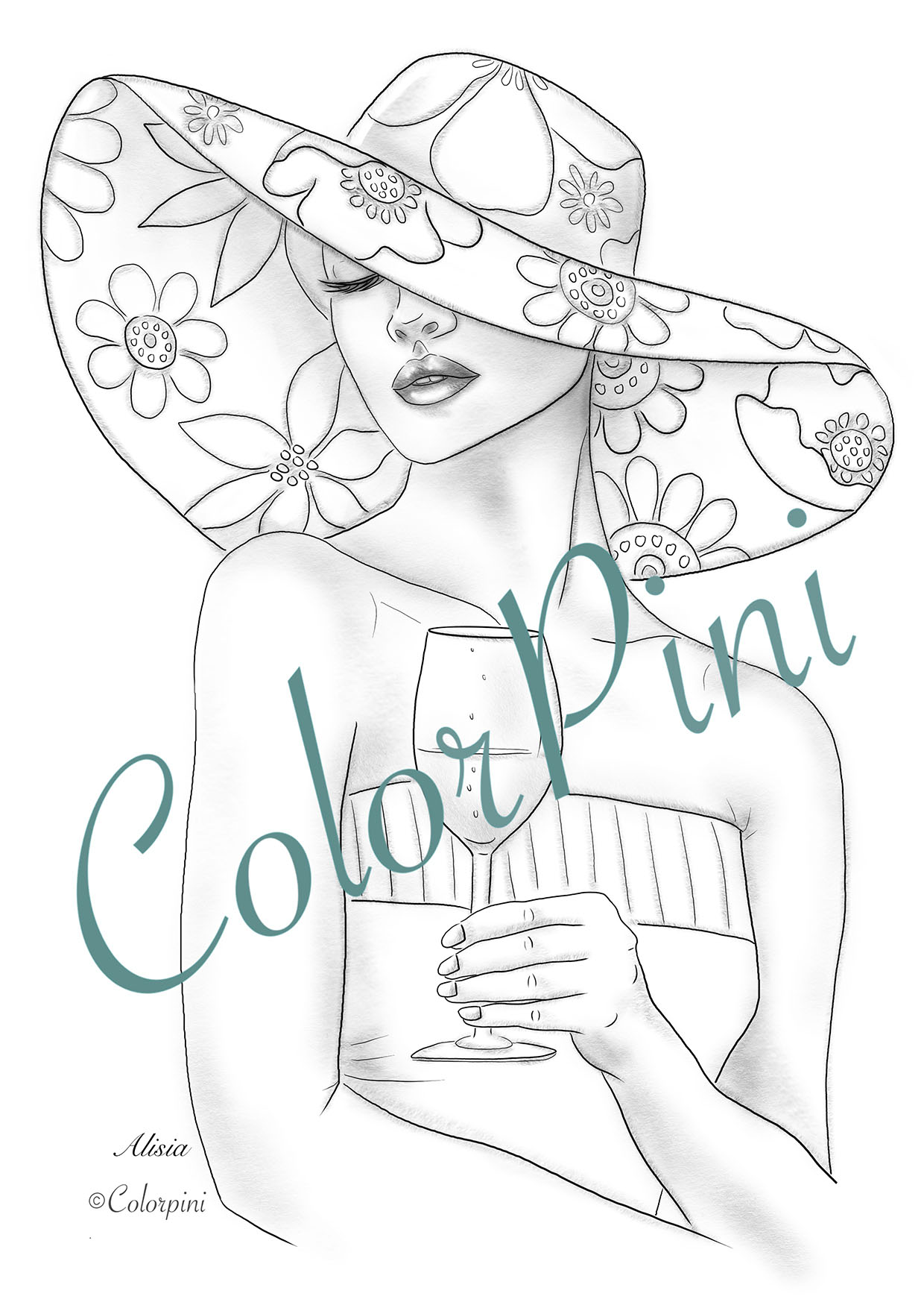 Alisia, a hand-drawn grayscale fantasy woman coloring page by Carolyn Pini, Swiss artist