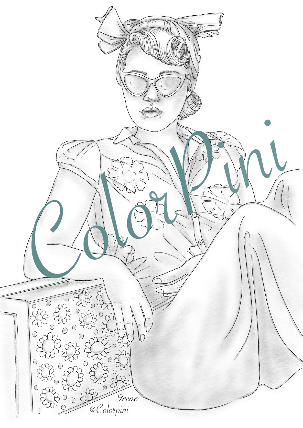 Irene, a hand-drawn grayscale fantasy woman coloring page by Carolyn Pini, Swiss artist