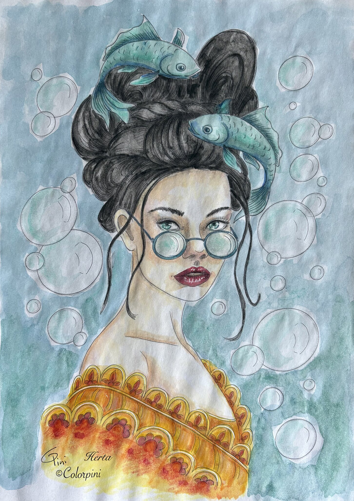Herta, a watercolor fantasy woman painting by Carolyn Pini, Swiss artist