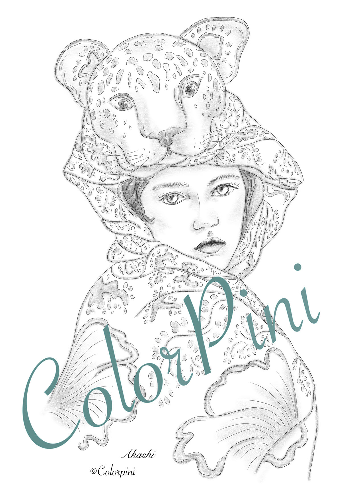 Akashi, a hand-drawn grayscale fantasy woman coloring page by Carolyn Pini, Swiss artist