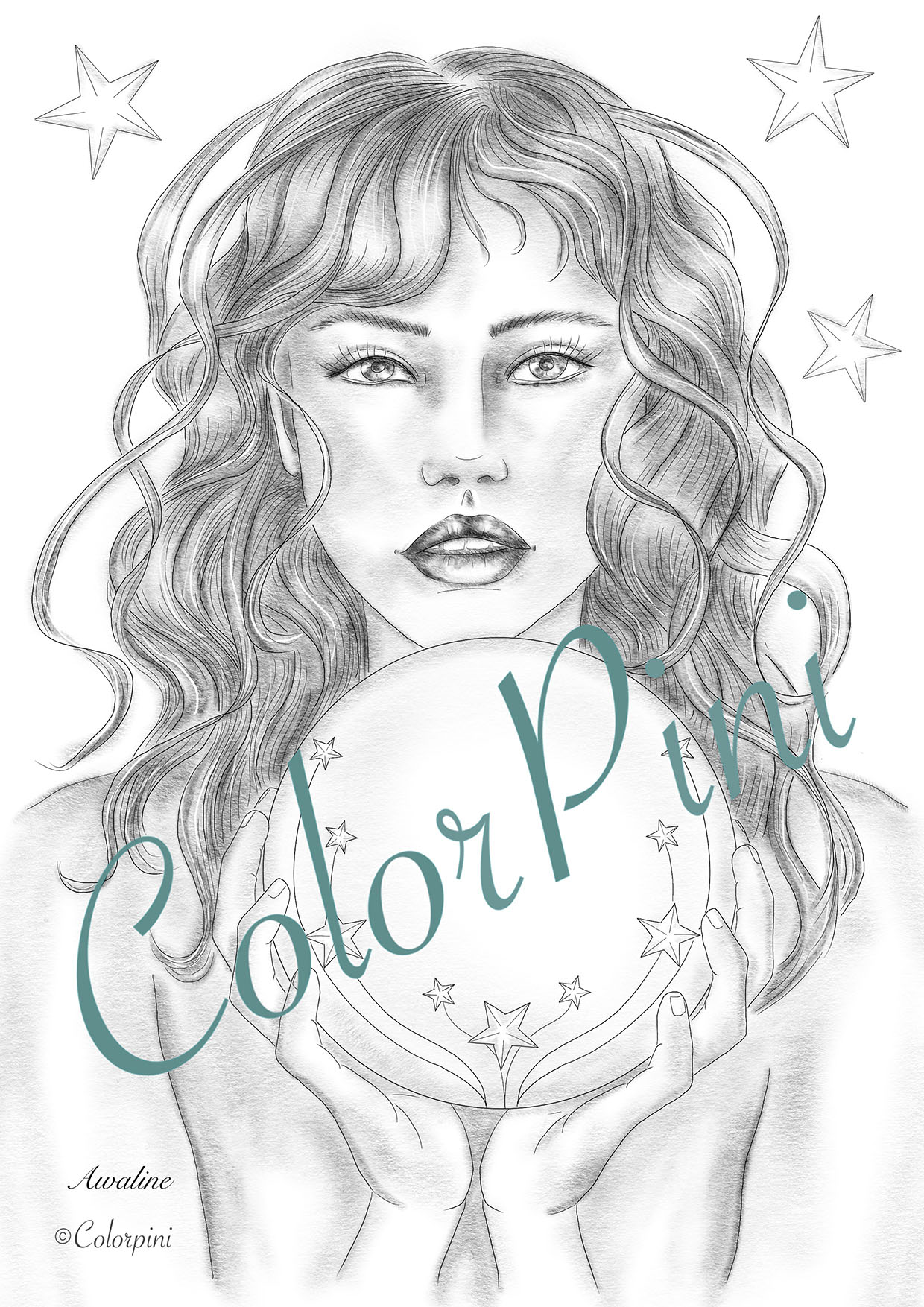 Awaline, a hand-drawn grayscale fantasy woman coloring page by Carolyn Pini, Swiss artist