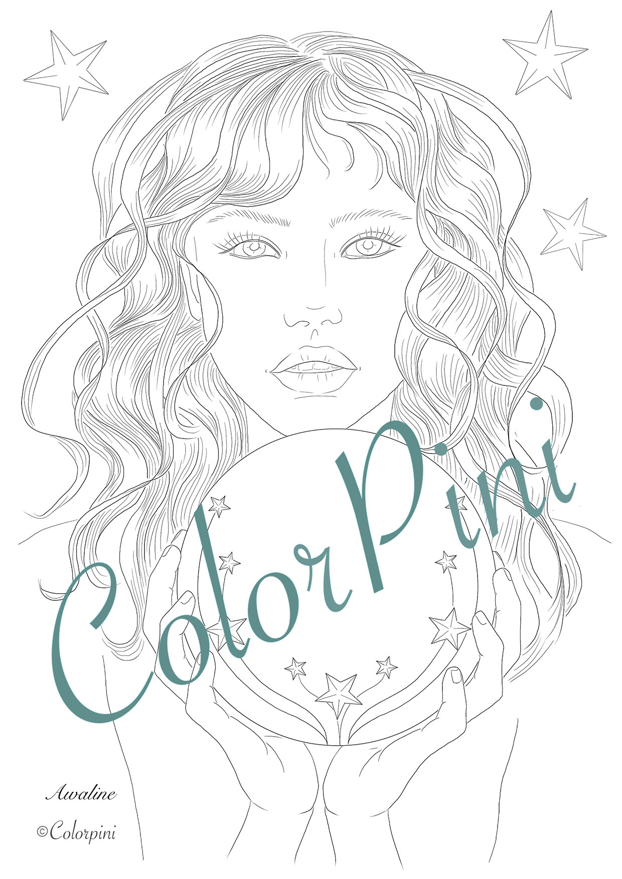 Awaline, hand-drawn fantasy woman lineart by Carolyn Pini