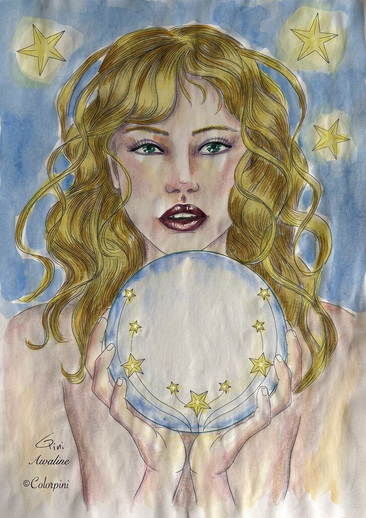 Awaline, a hand-drawn printable Christmas fantasy woman coloring page by Carolyn Pini, Swiss artist