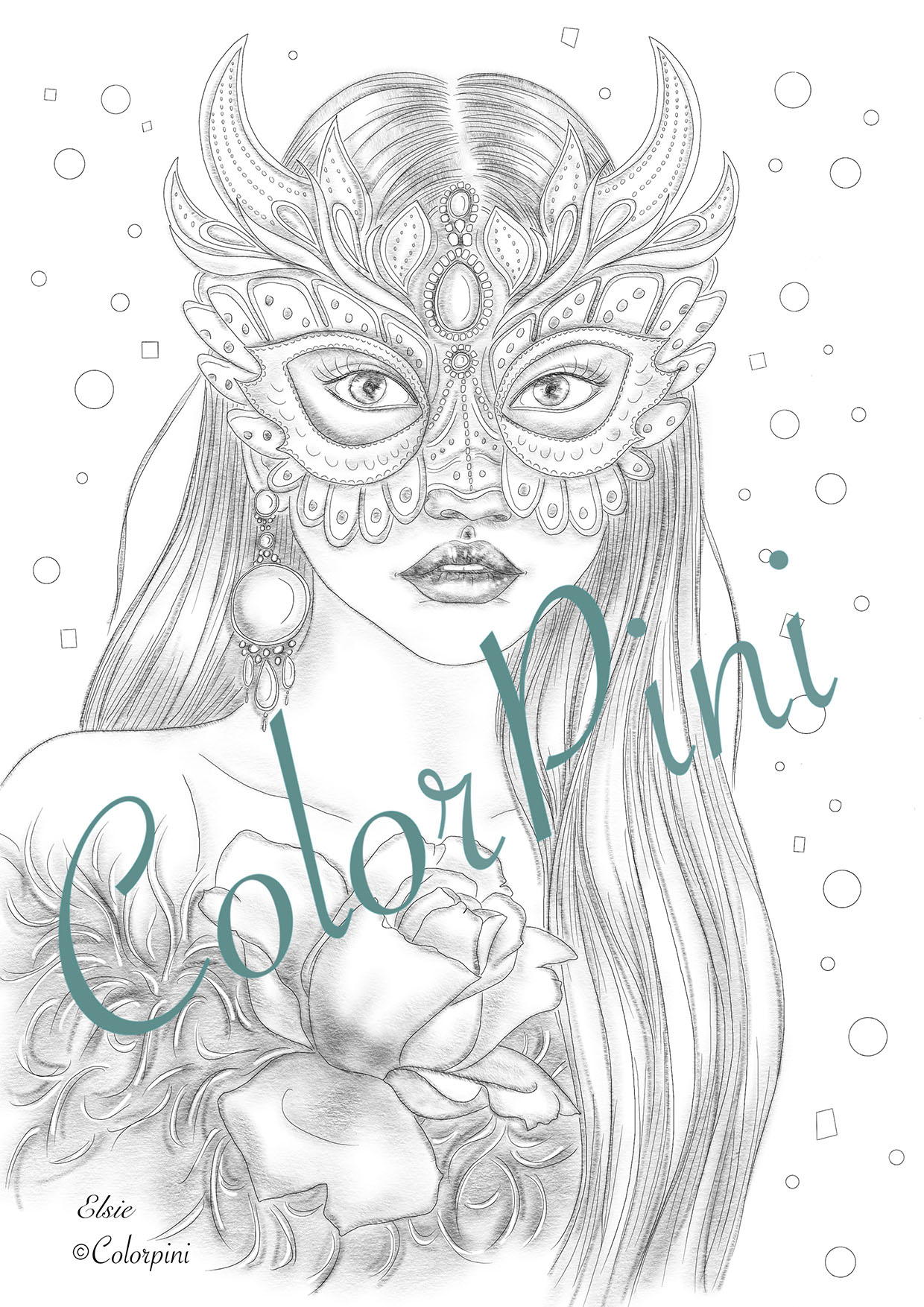 Elsie, a hand-drawn grayscale fantasy woman coloring page by Carolyn Pini, Swiss artist