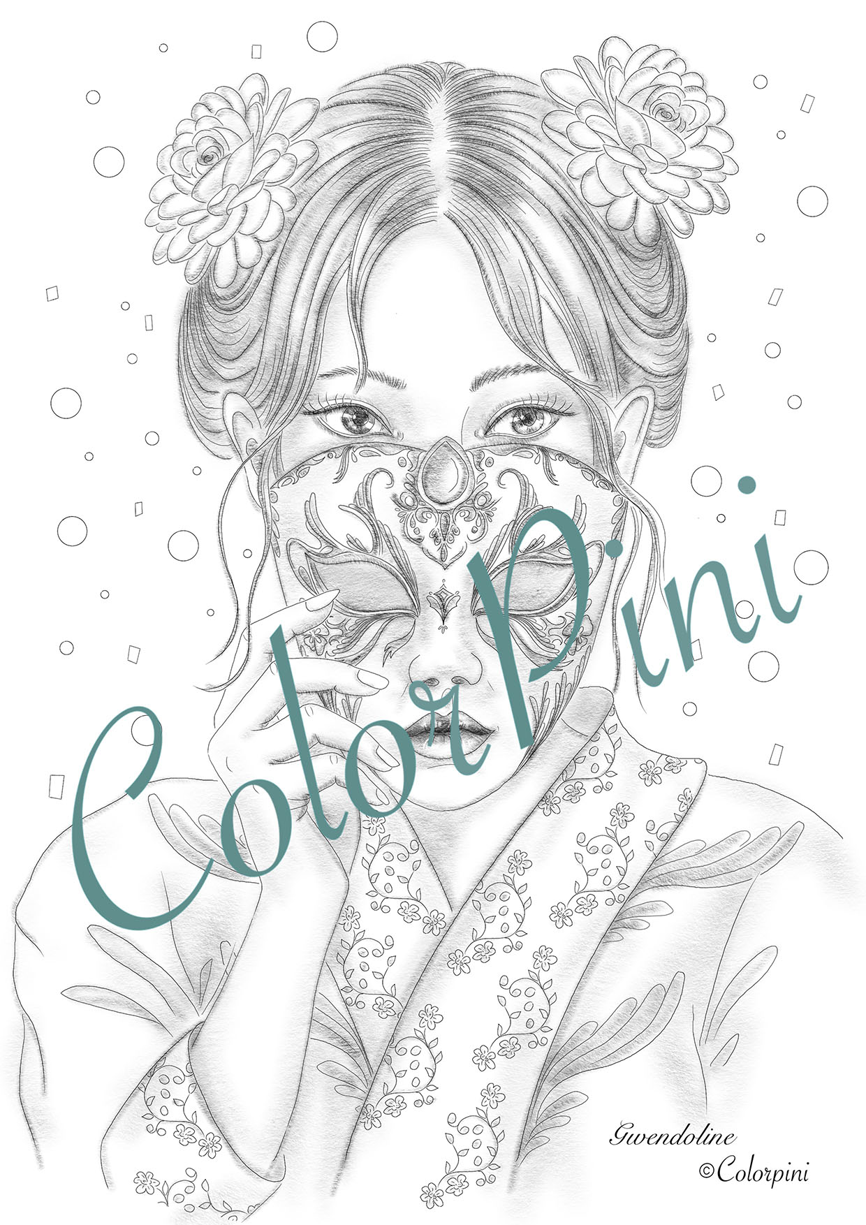 Gwendoline, a hand-drawn grayscale fantasy woman coloring page by Carolyn Pini, Swiss artist