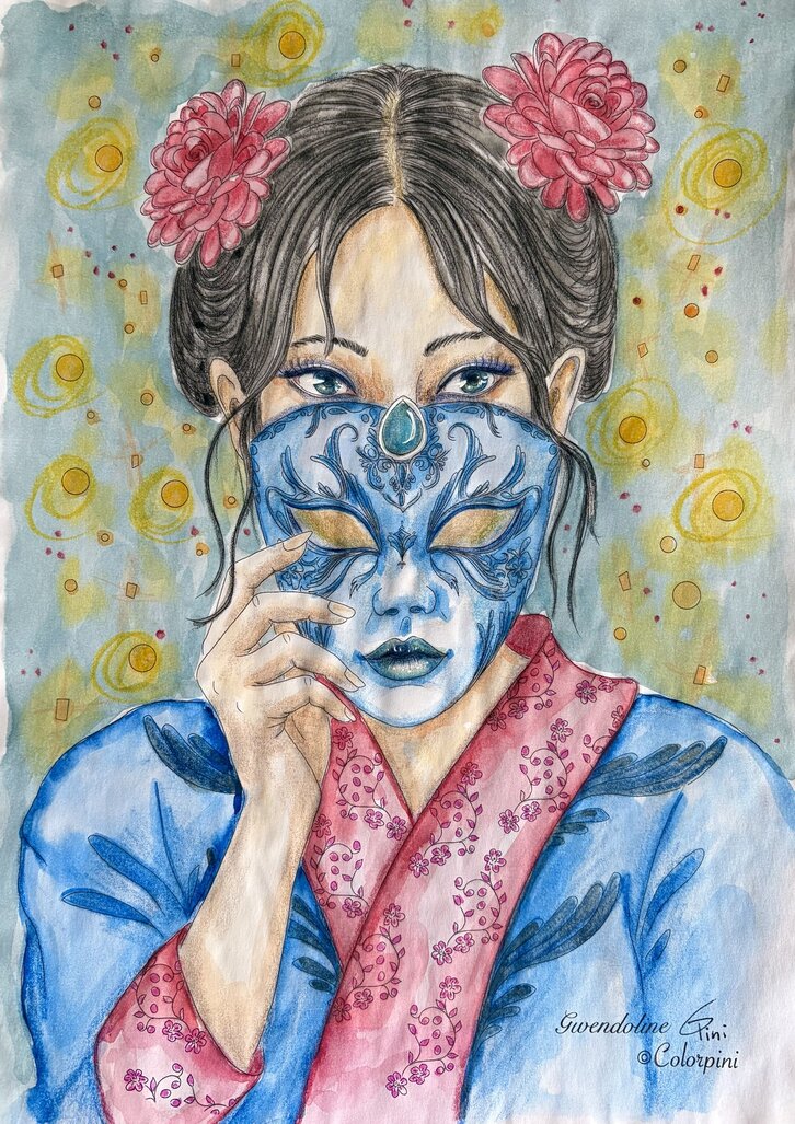 Gwendoline, a watercolor fantasy woman painting by Carolyn Pini, Swiss artist