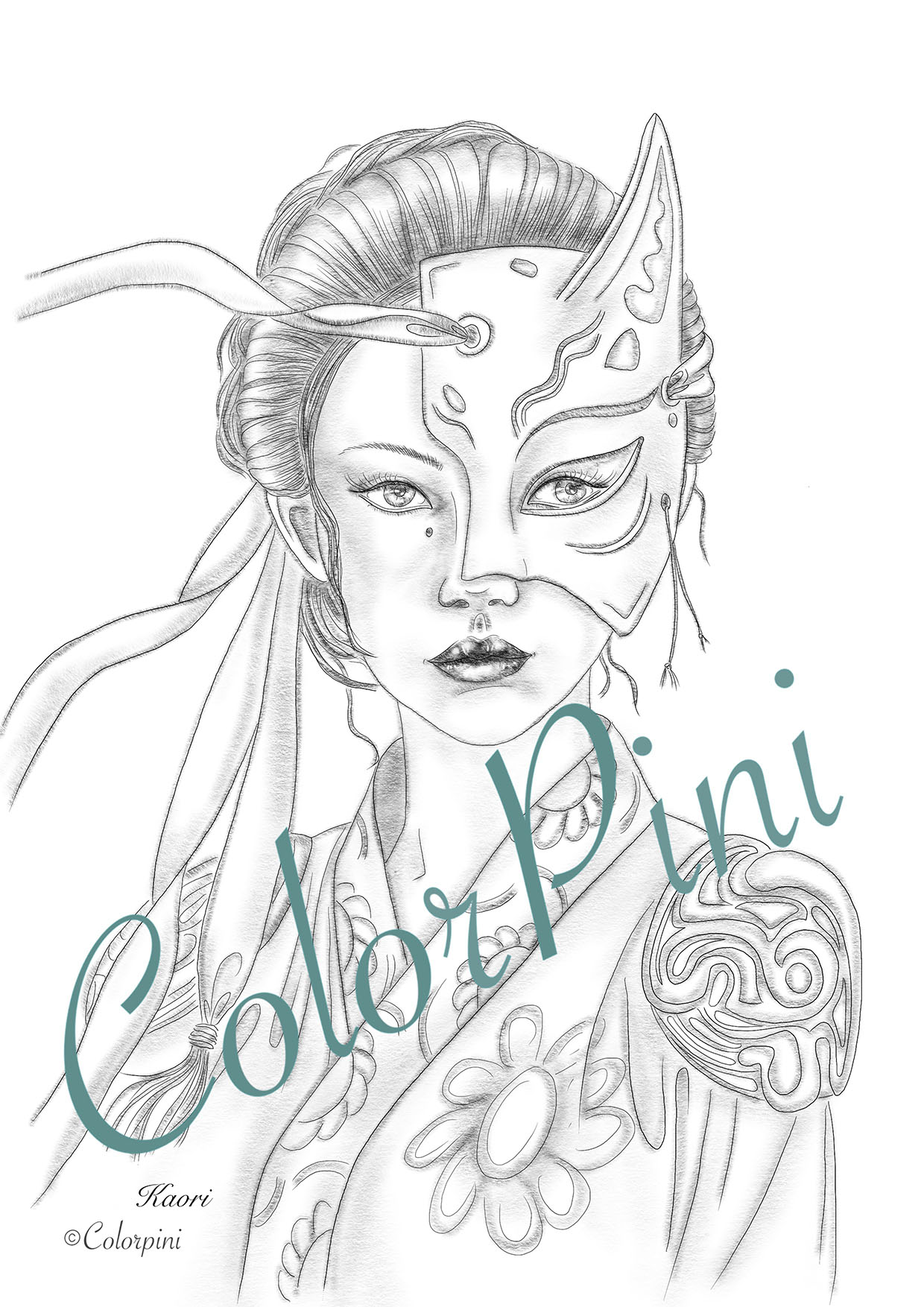 Kaori, a hand-drawn grayscale fantasy woman coloring page by Carolyn Pini, Swiss artist
