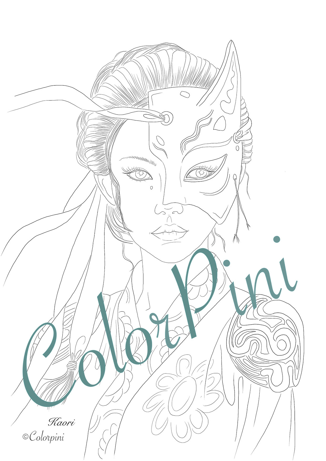 Kaori, hand-drawn fantasy woman lineart by Carolyn Pini