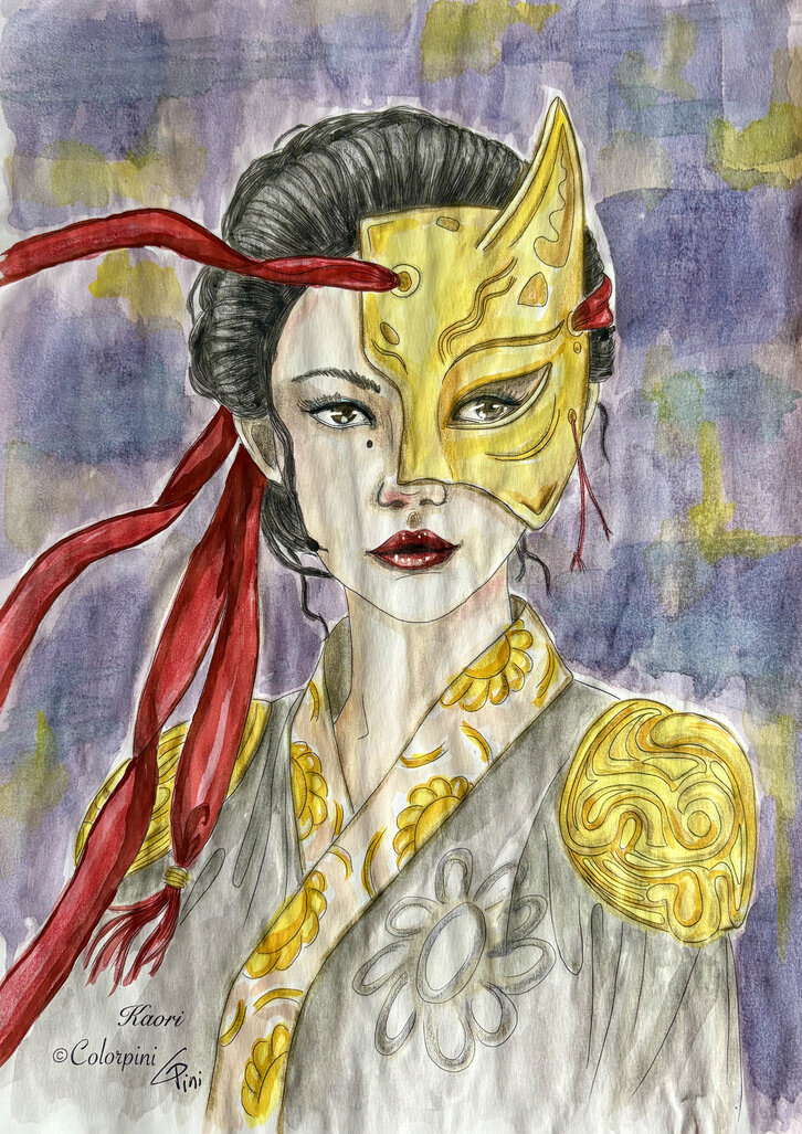 Kaori, a hand-drawn printable masquerade fantasy woman coloring page by Carolyn Pini, Swiss artist