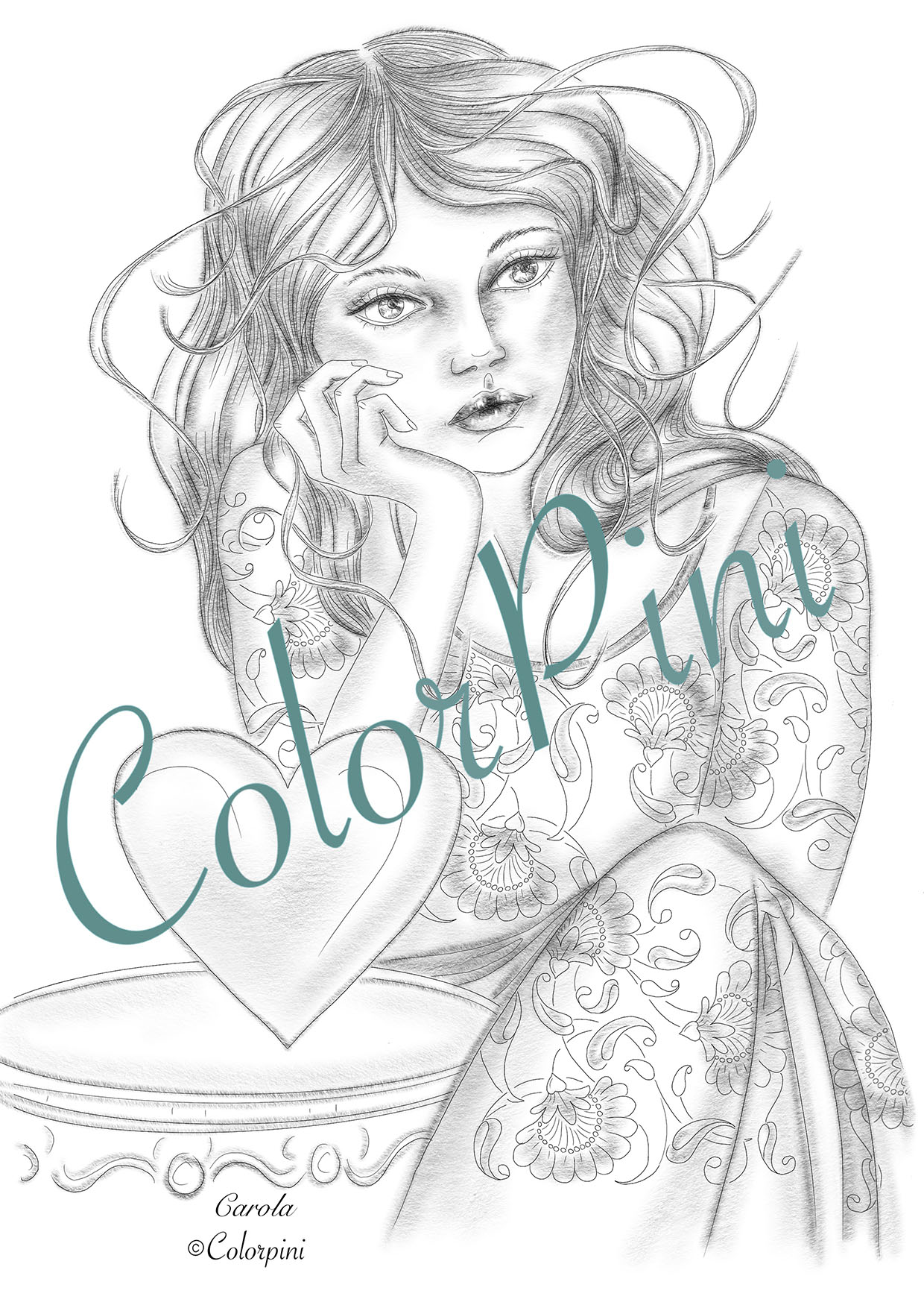 Carola, a hand-drawn grayscale fantasy woman coloring page by Carolyn Pini, Swiss artist