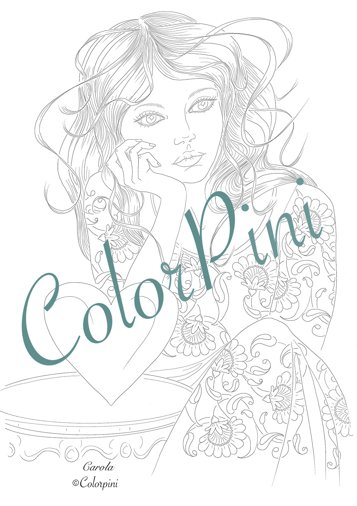 Carola, hand-drawn fantasy woman lineart by Carolyn Pini