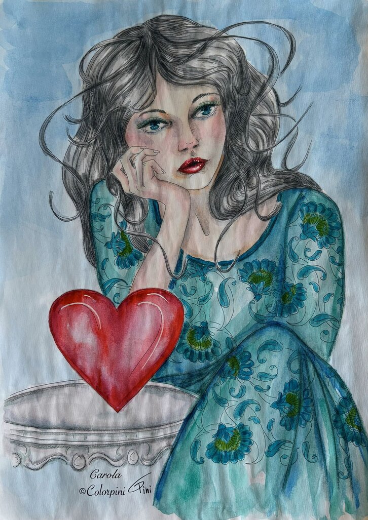 Carola, a watercolor fantasy woman painting by Carolyn Pini, Swiss artist