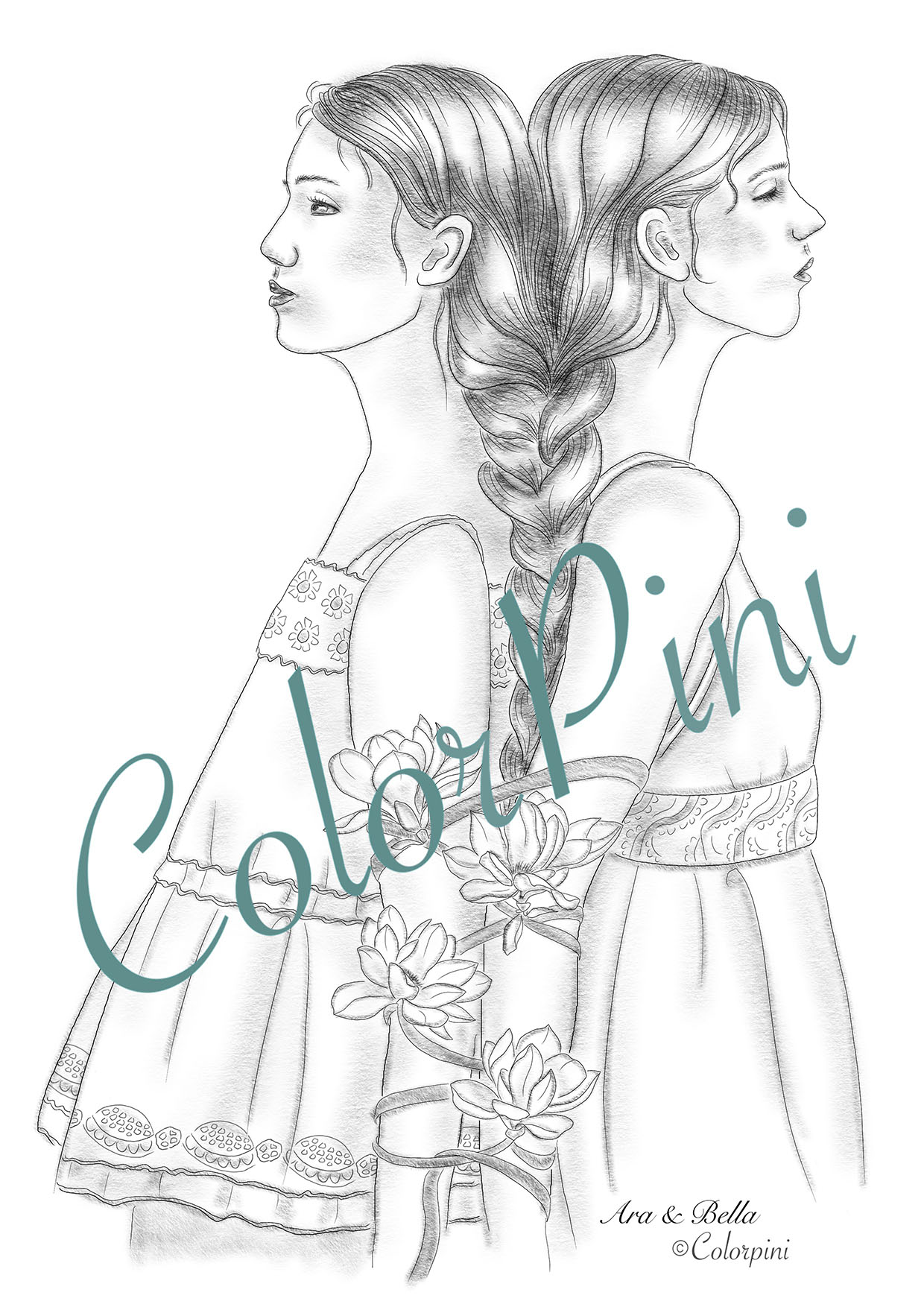 AraBella, a hand-drawn grayscale fantasy woman coloring page by Carolyn Pini, Swiss artist