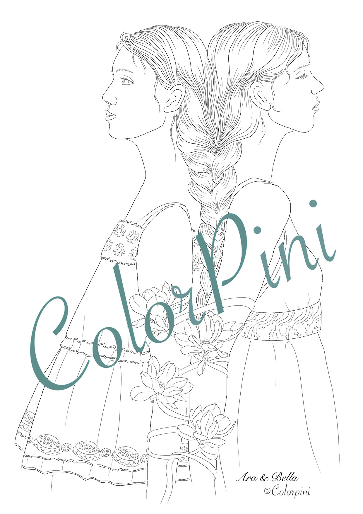 AraBella, hand-drawn fantasy woman lineart by Carolyn Pini