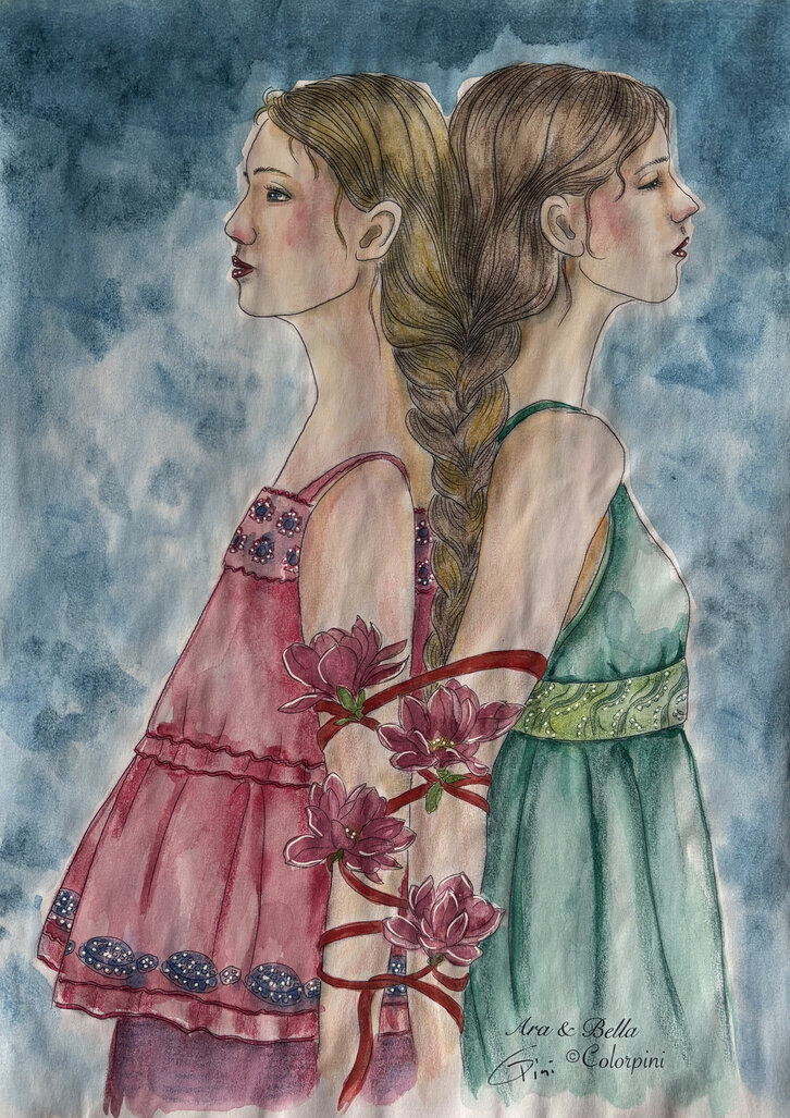 AraBella, a watercolor fantasy woman painting by Carolyn Pini, Swiss artist