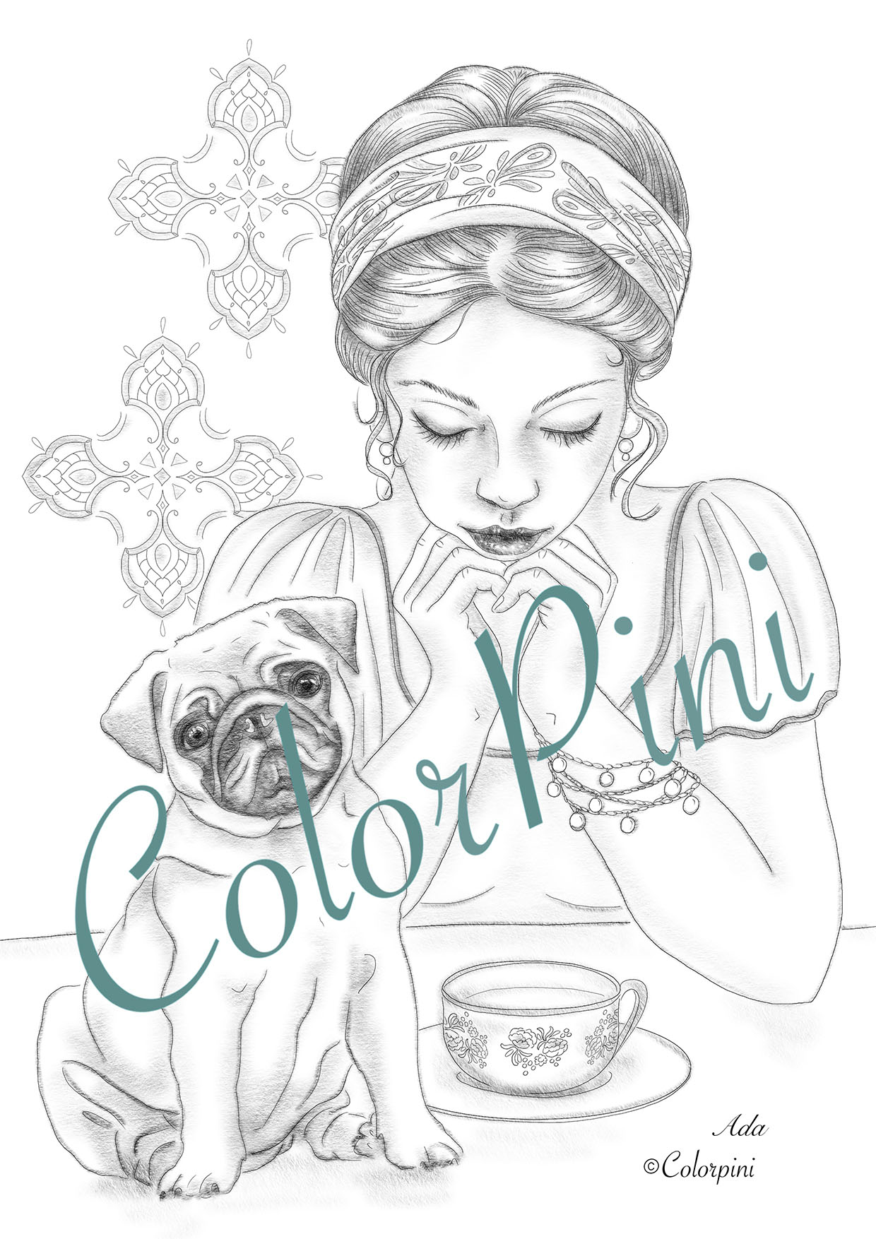 Ada, a hand-drawn grayscale fantasy woman coloring page by Carolyn Pini, Swiss artist