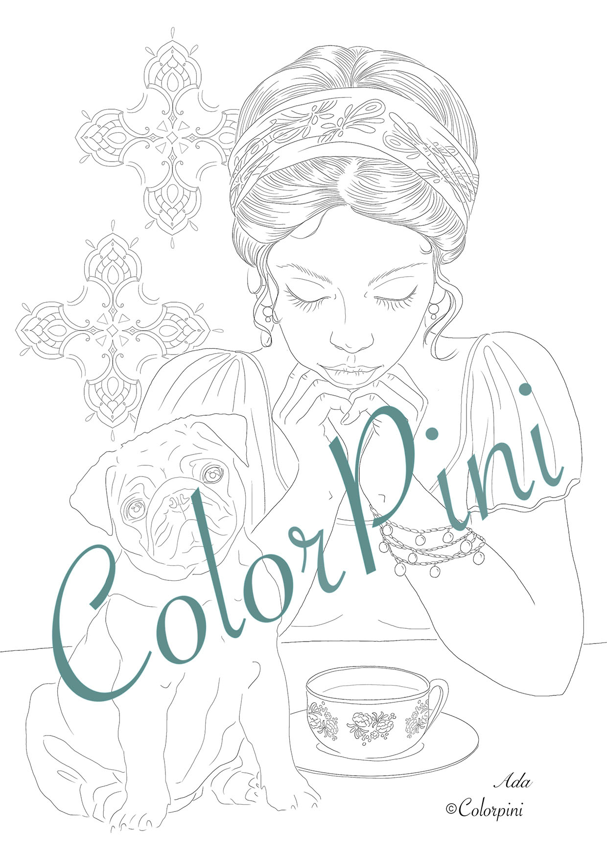 Ada, hand-drawn fantasy woman lineart by Carolyn Pini
