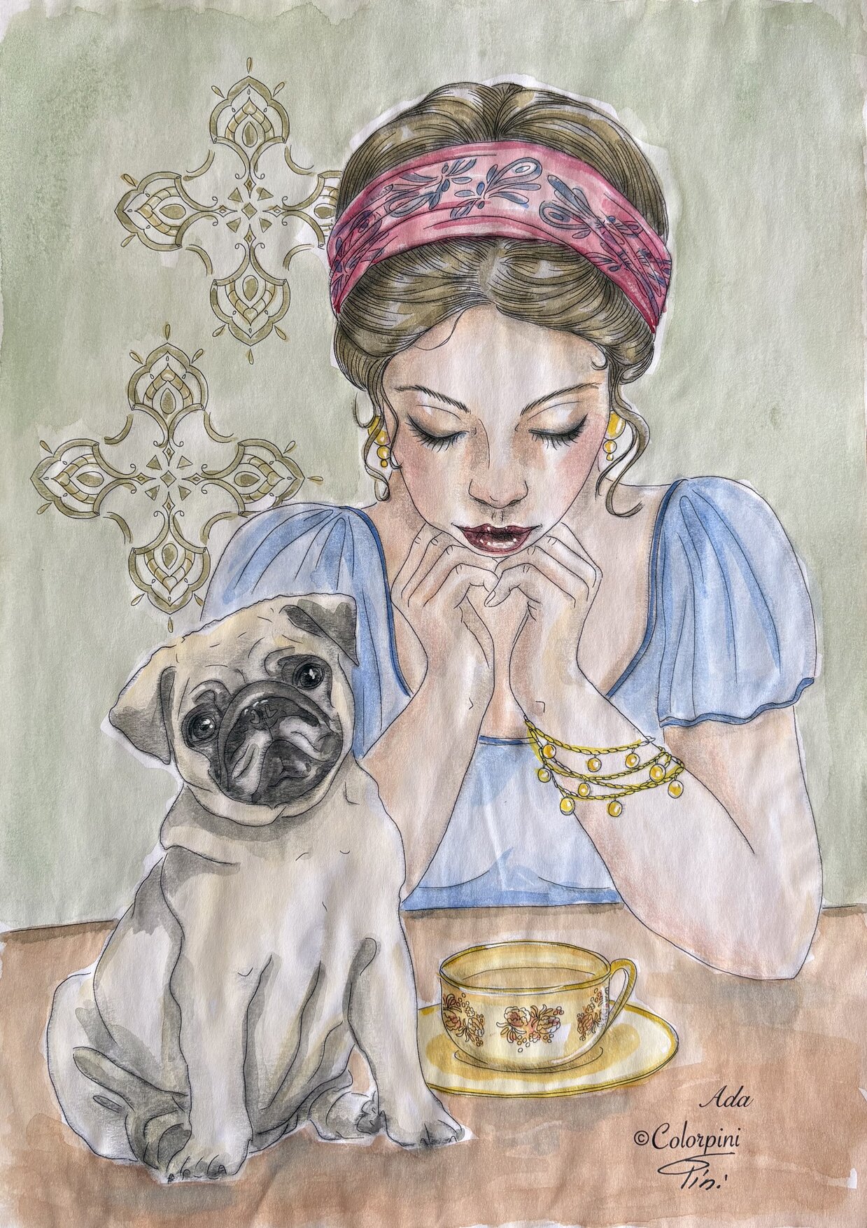 Ada, a watercolor fantasy woman painting by Carolyn Pini, Swiss artist