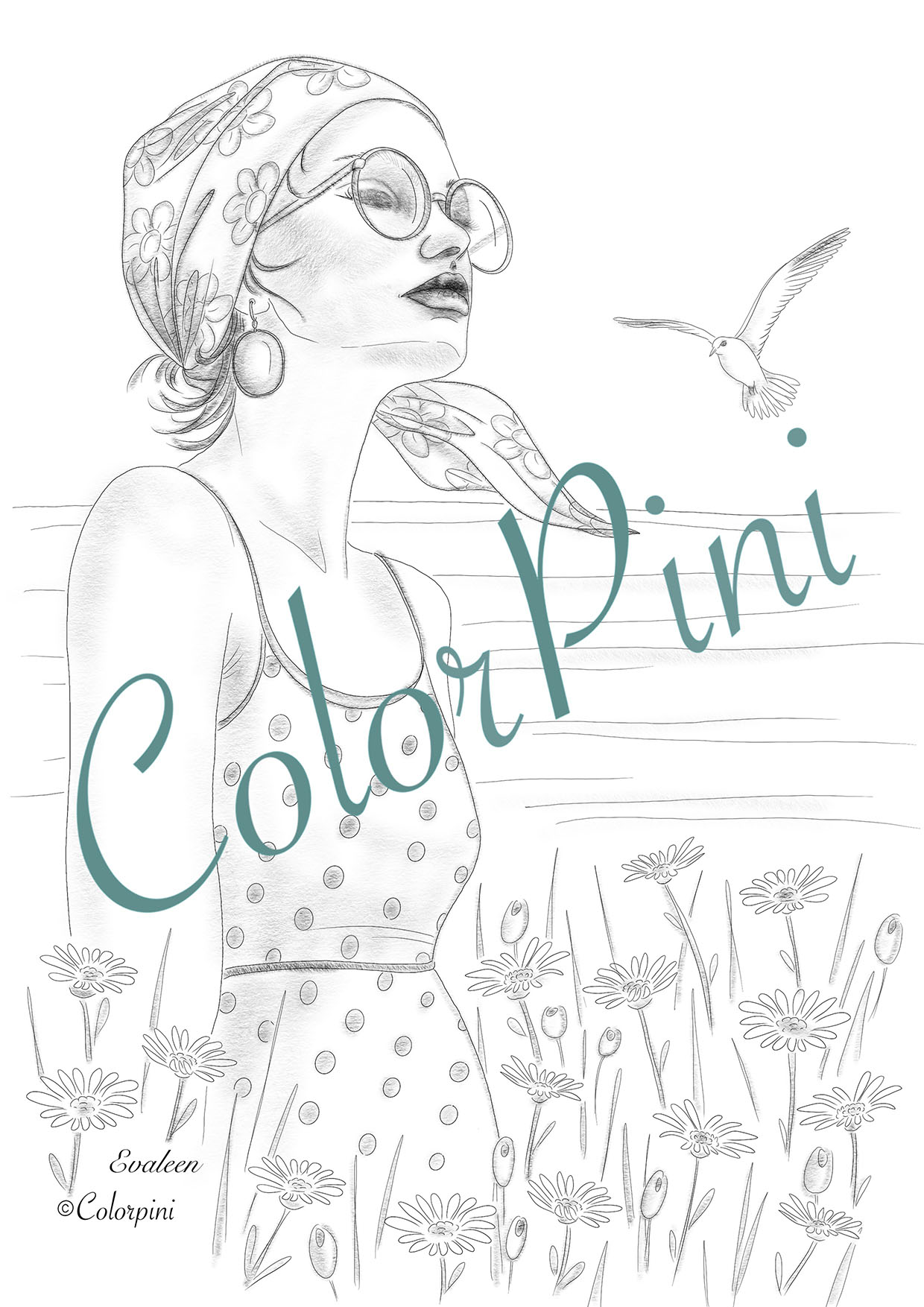 Evaleen, a hand-drawn grayscale fantasy woman coloring page by Carolyn Pini, Swiss artist