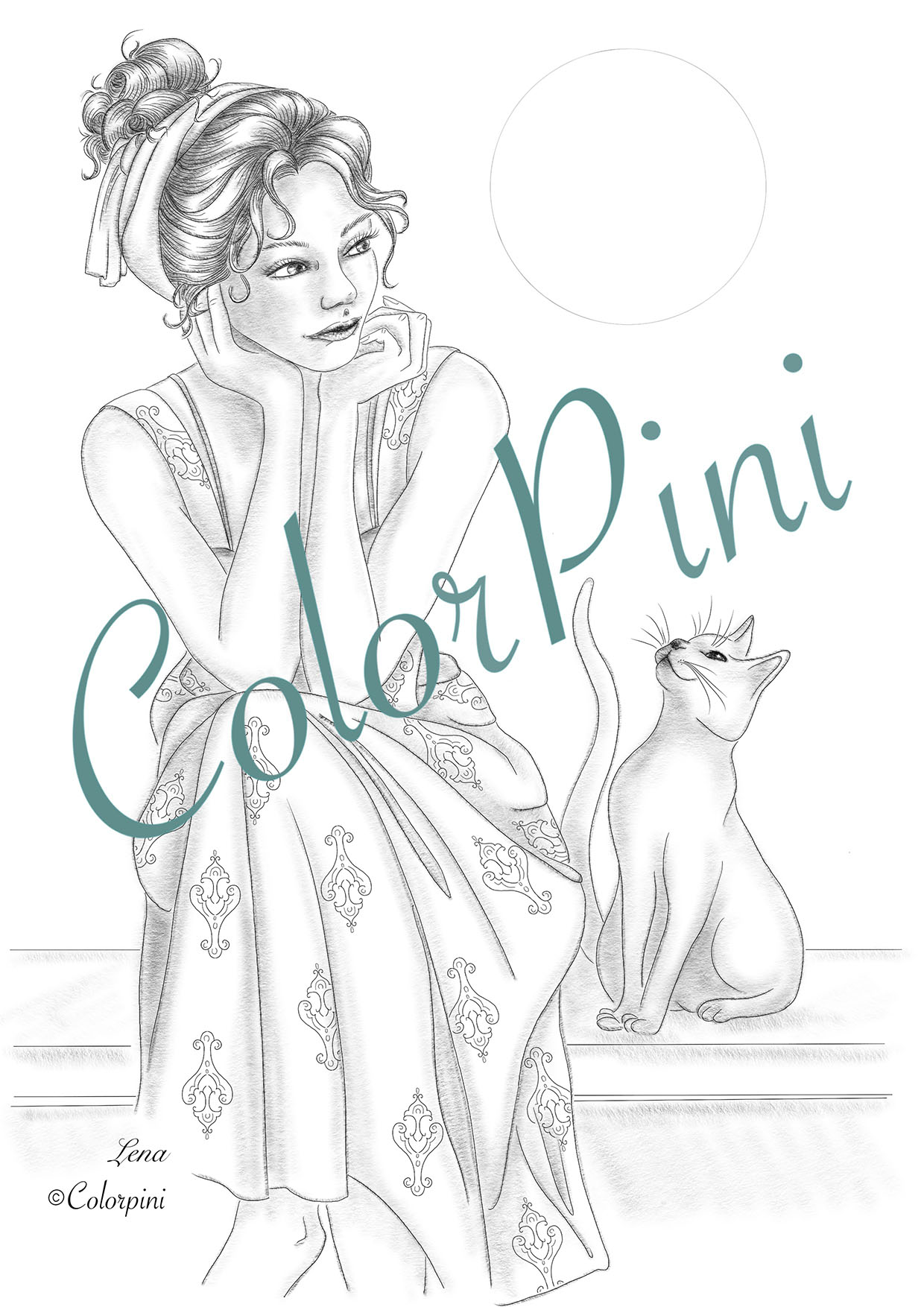 Lena, a hand-drawn grayscale fantasy woman coloring page by Carolyn Pini, Swiss artist