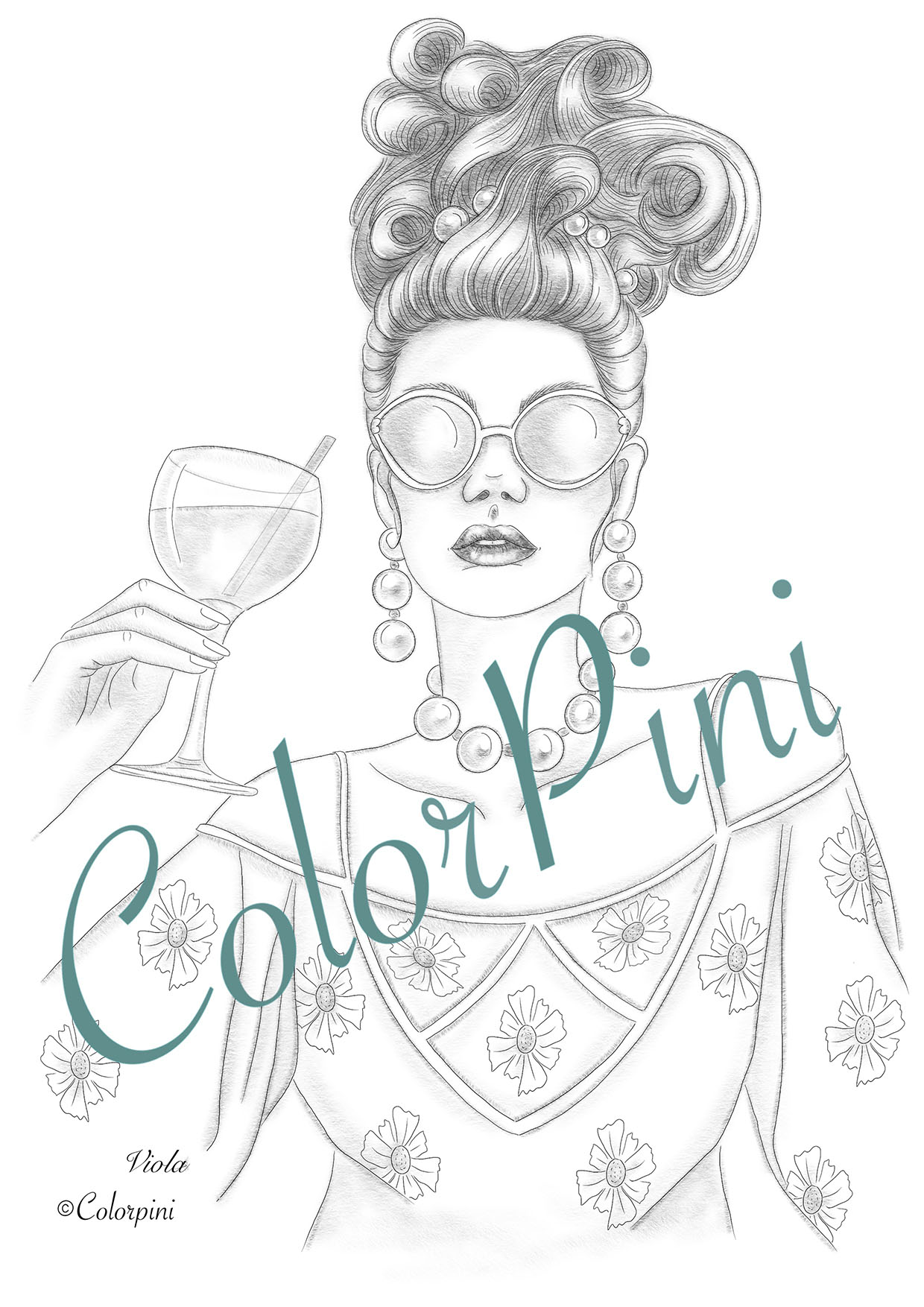 Viola, a hand-drawn grayscale fantasy woman coloring page by Carolyn Pini, Swiss artist
