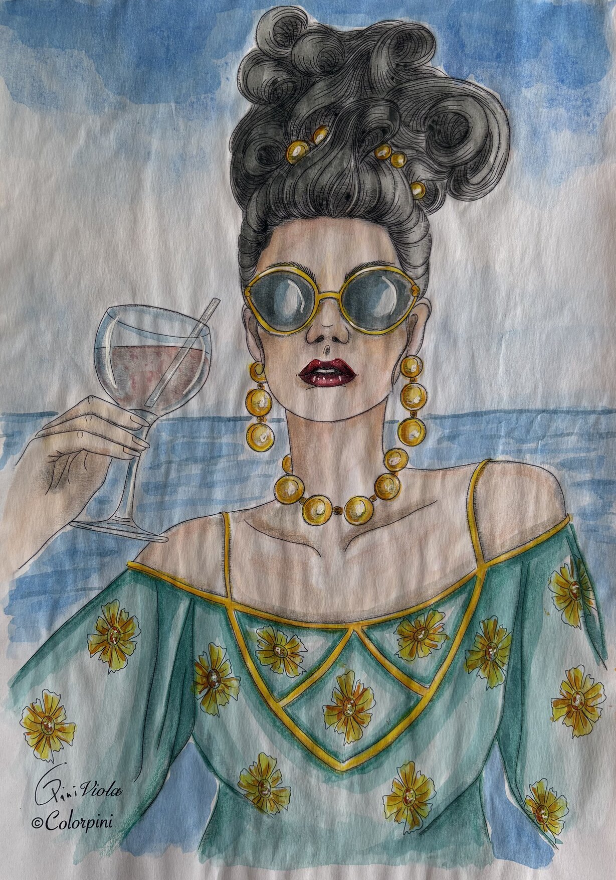 Viola, a watercolor fantasy woman painting by Carolyn Pini, Swiss artist