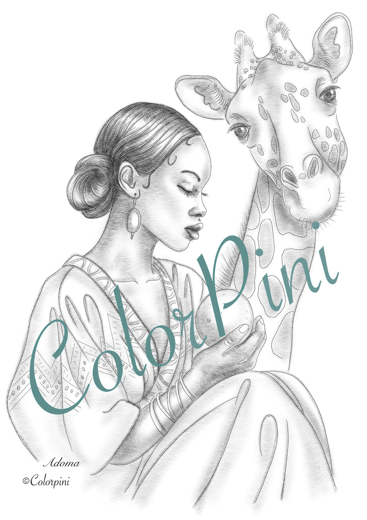 Adoma, a hand-drawn grayscale fantasy woman coloring page by Carolyn Pini, Swiss artist