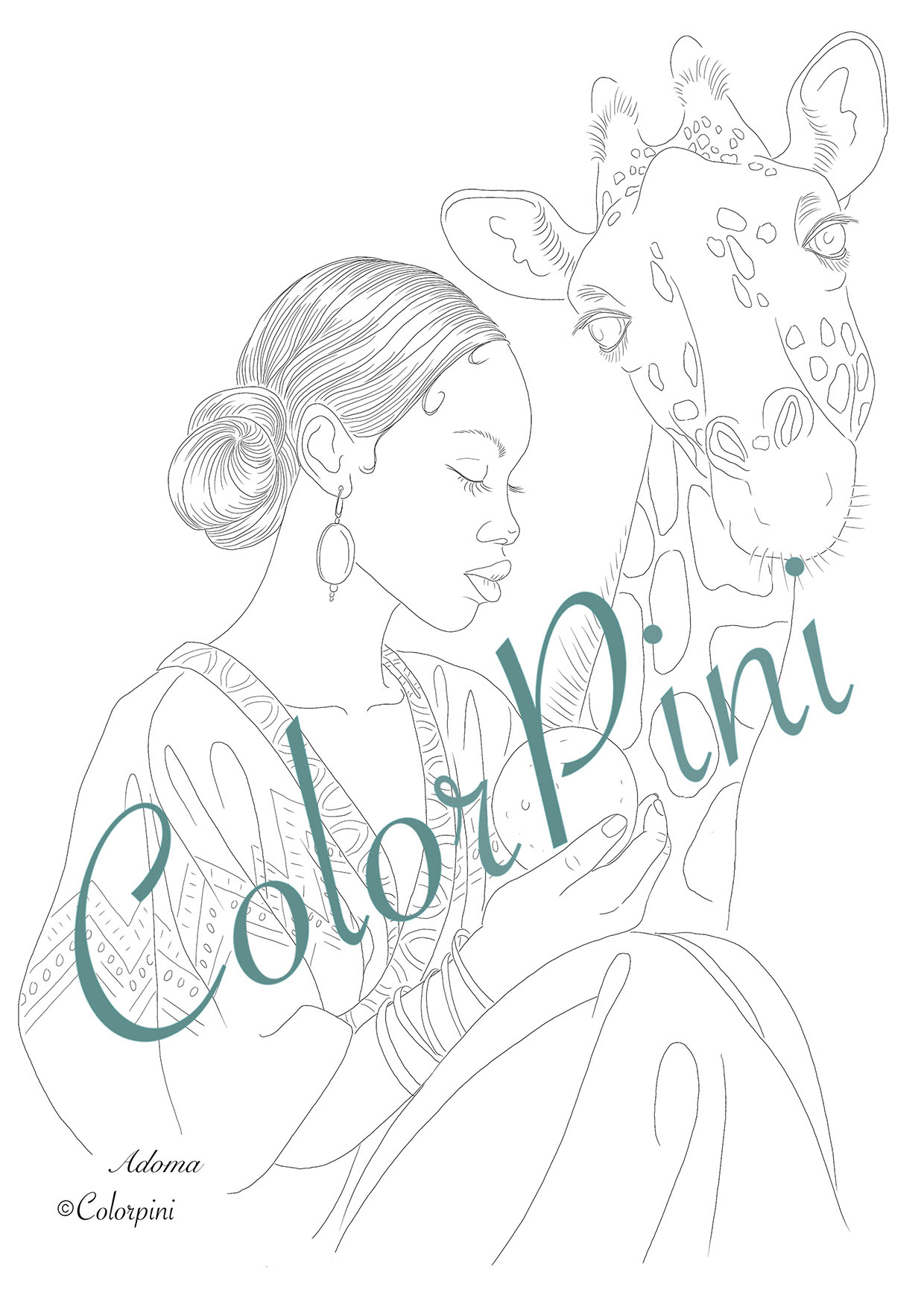 Adoma, hand-drawn fantasy woman lineart by Carolyn Pini