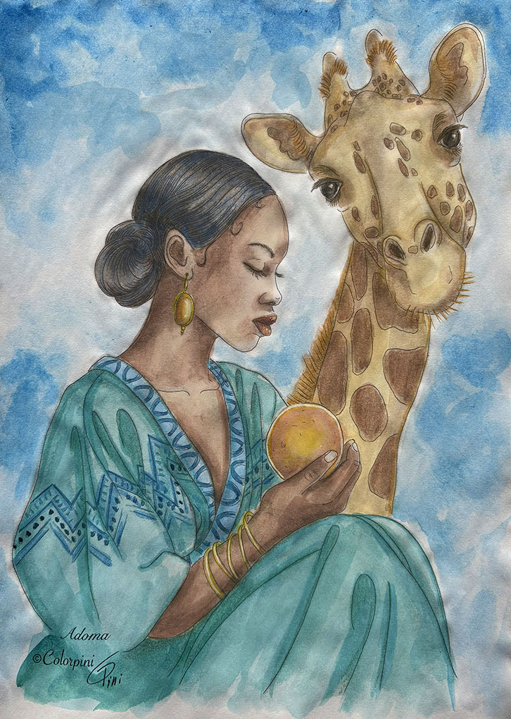 Adoma, a watercolor fantasy woman painting by Carolyn Pini, Swiss artist