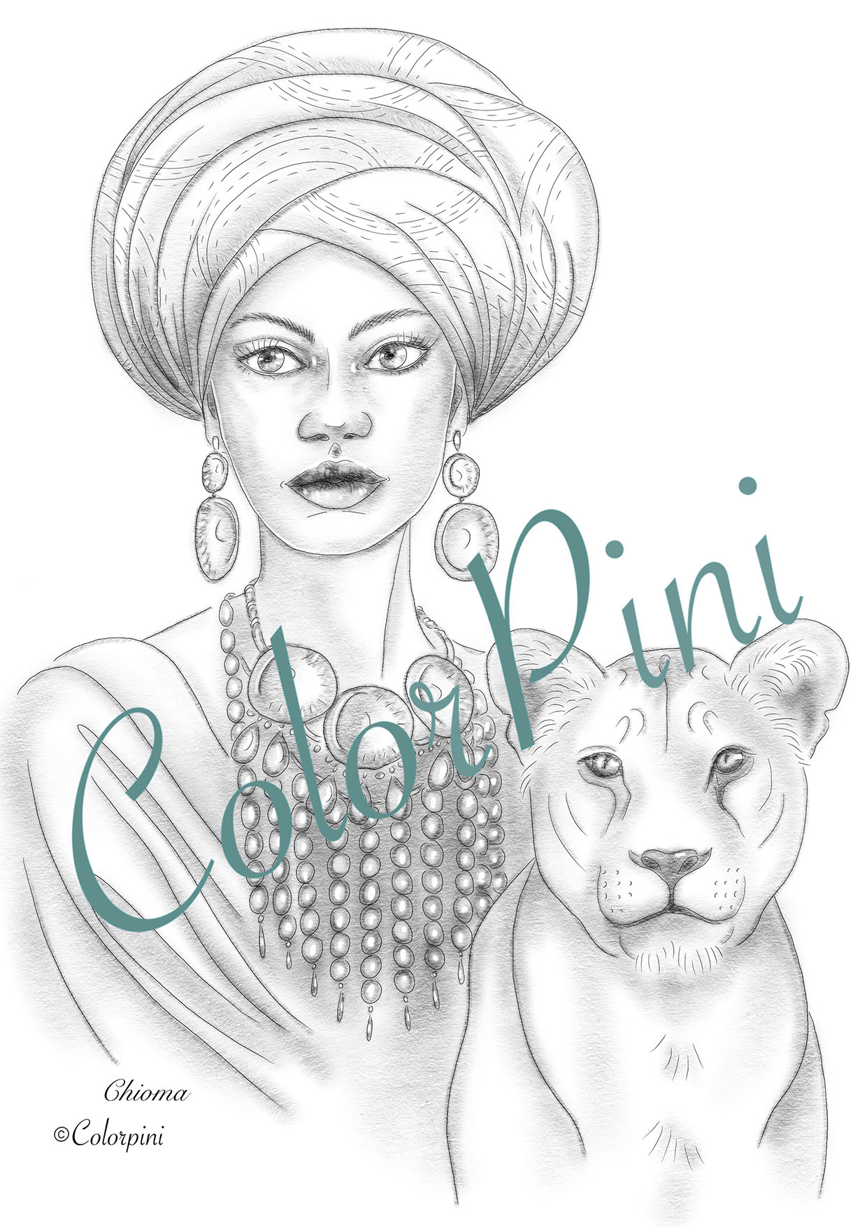 Chioma, a hand-drawn grayscale fantasy woman coloring page by Carolyn Pini, Swiss artist