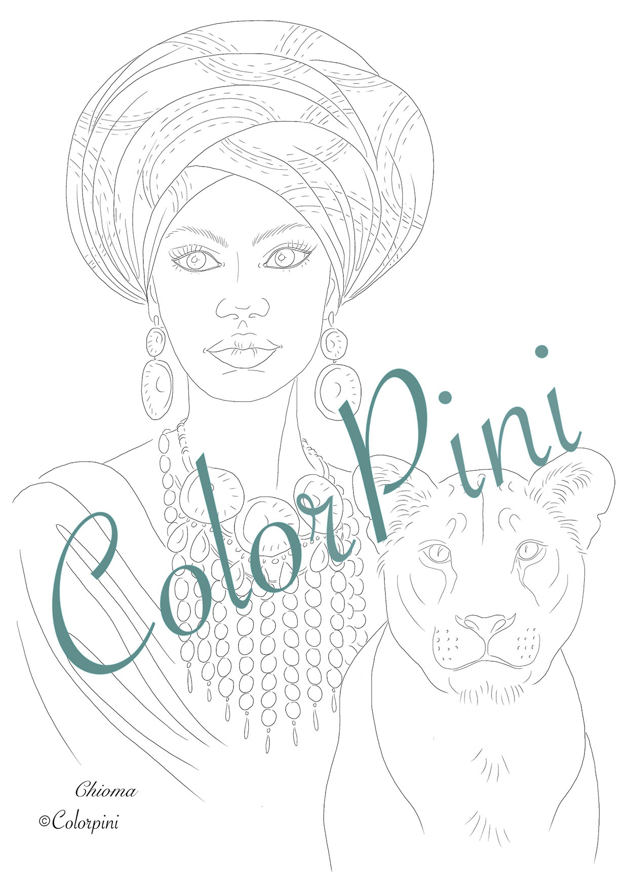 Chioma, hand-drawn fantasy woman lineart by Carolyn Pini