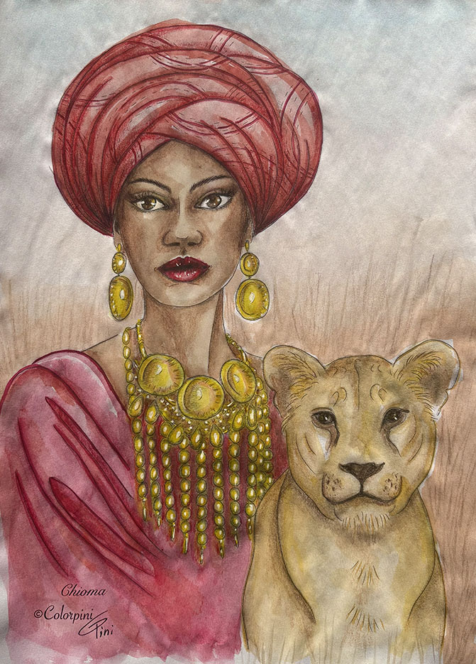 Chioma, a watercolor fantasy woman painting by Carolyn Pini, Swiss artist