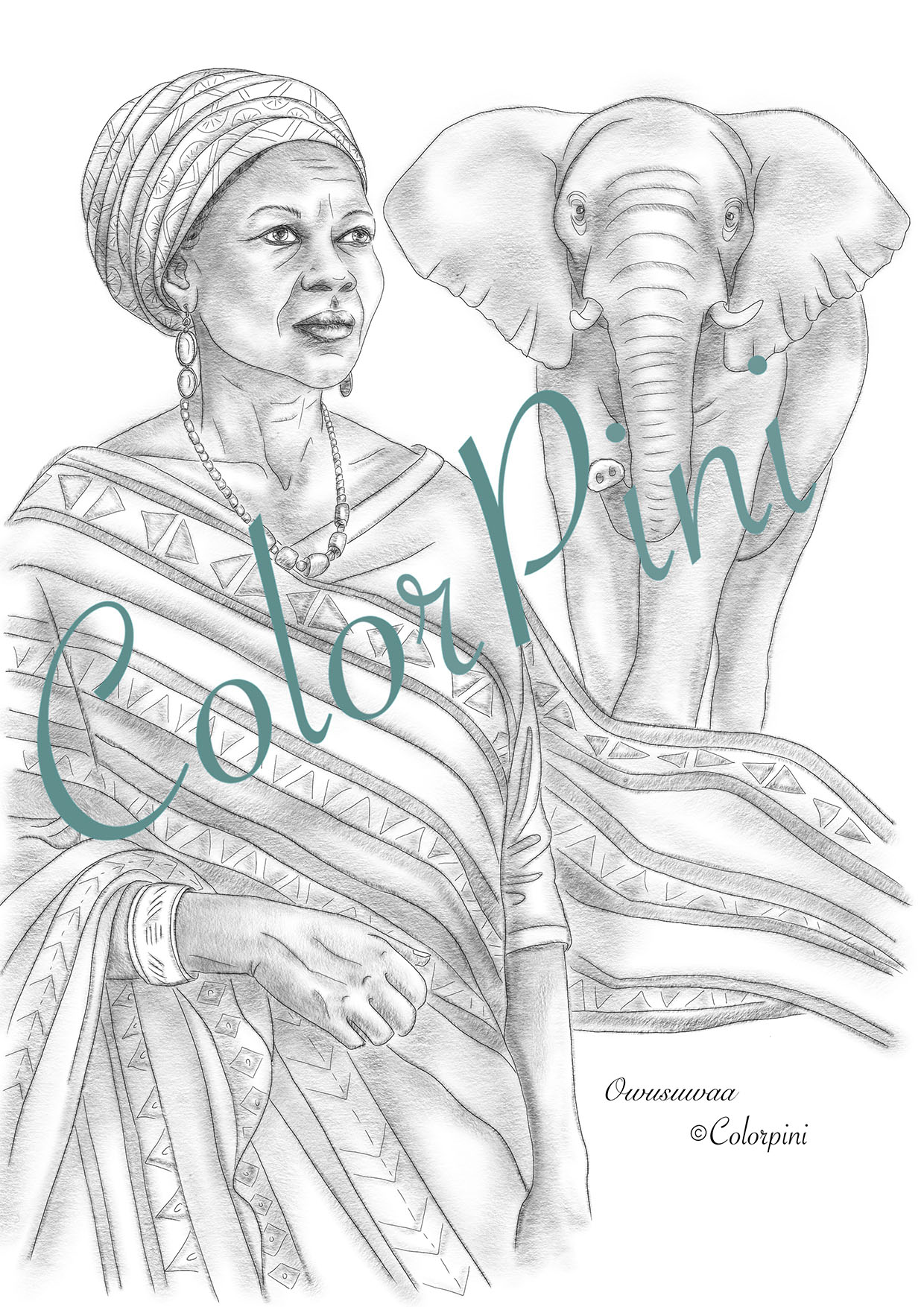 Owusuwaa, a hand-drawn grayscale fantasy woman coloring page by Carolyn Pini, Swiss artist