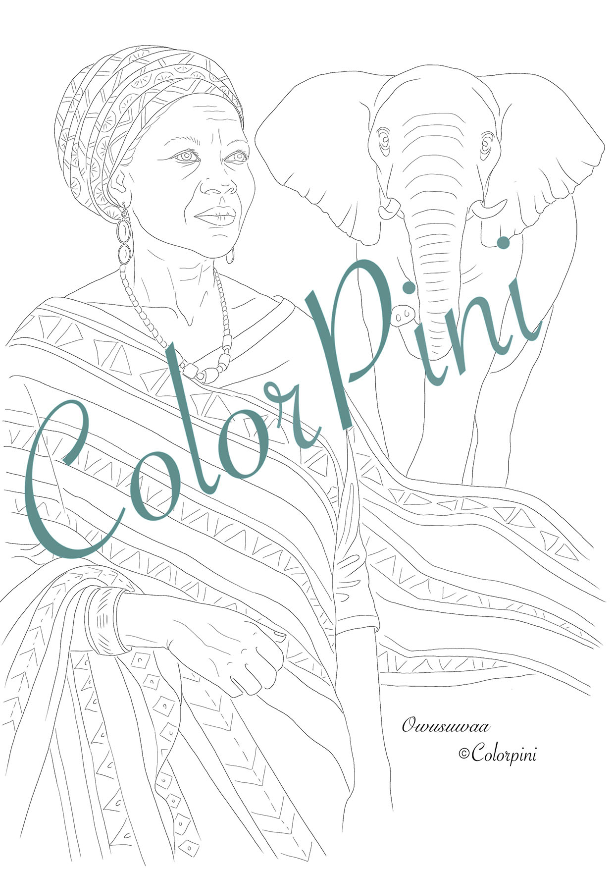 Owusuwaa, hand-drawn fantasy woman lineart by Carolyn Pini
