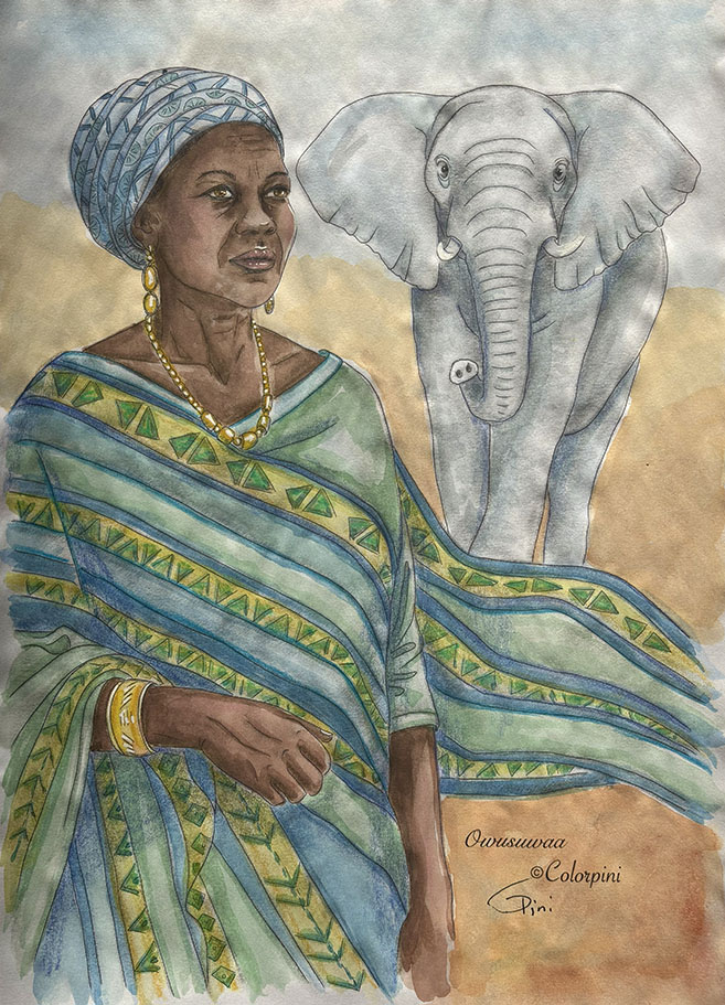 Owusuwaa, a watercolor fantasy woman painting by Carolyn Pini, Swiss artist