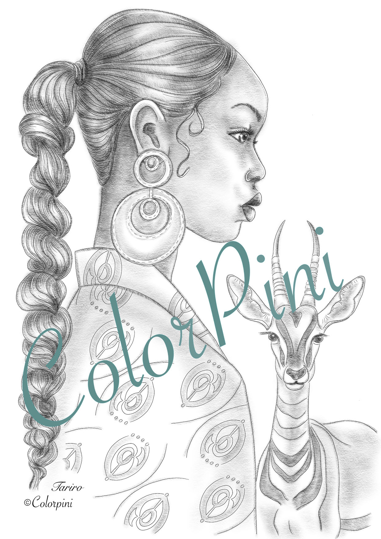 Tariro, a hand-drawn grayscale fantasy woman coloring page by Carolyn Pini, Swiss artist