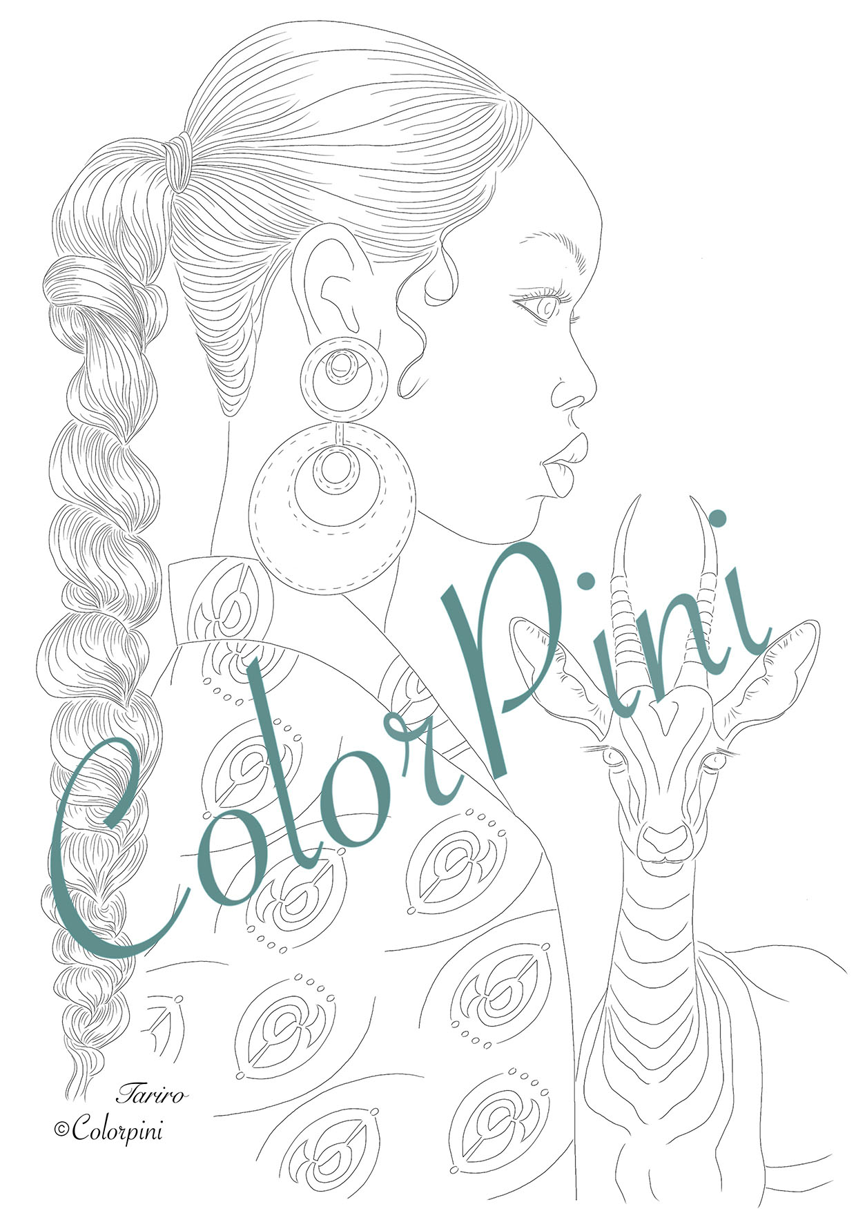 Tariro, hand-drawn fantasy woman lineart by Carolyn Pini
