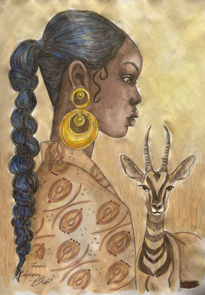 Tariro, a watercolor fantasy woman painting by Carolyn Pini, Swiss artist