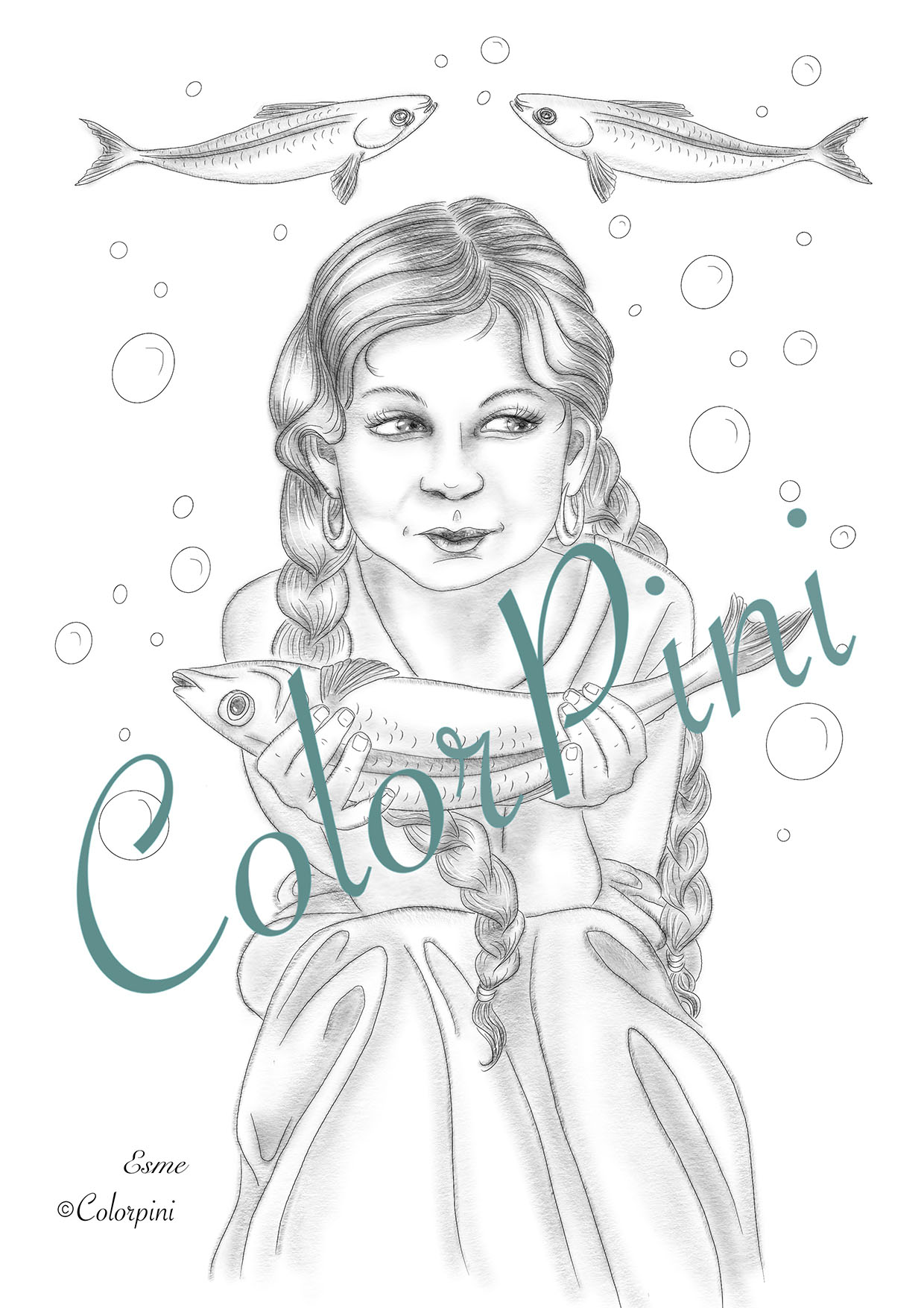 Esme, a hand-drawn grayscale fantasy woman coloring page by Carolyn Pini, Swiss artist