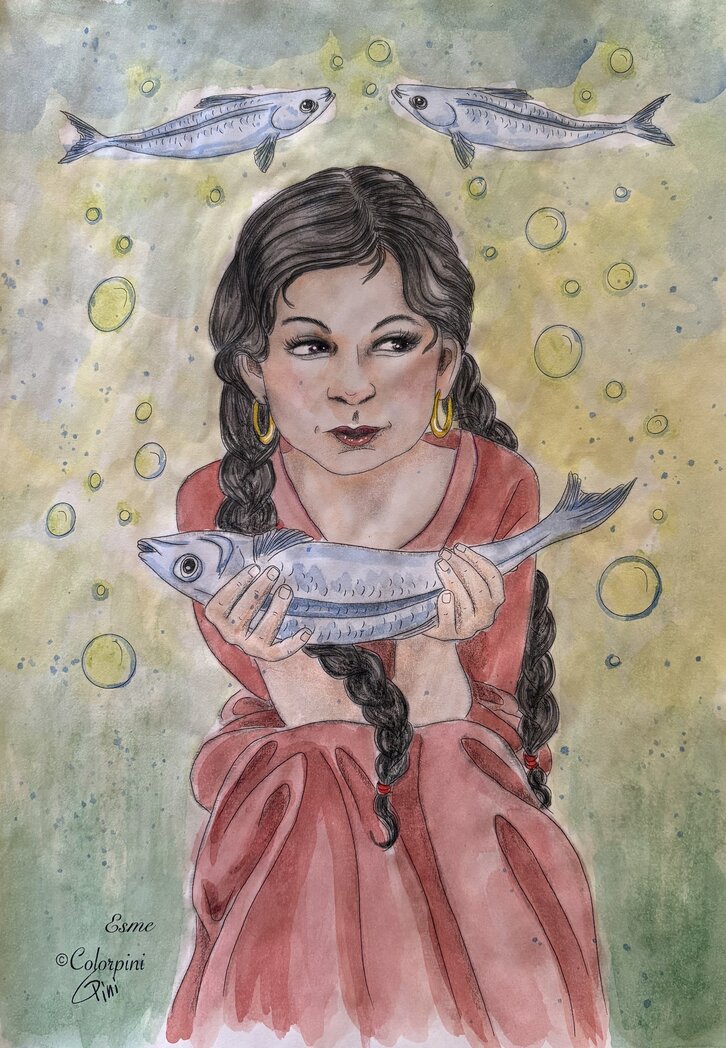 Esme, a watercolor fantasy woman painting by Carolyn Pini, Swiss artist