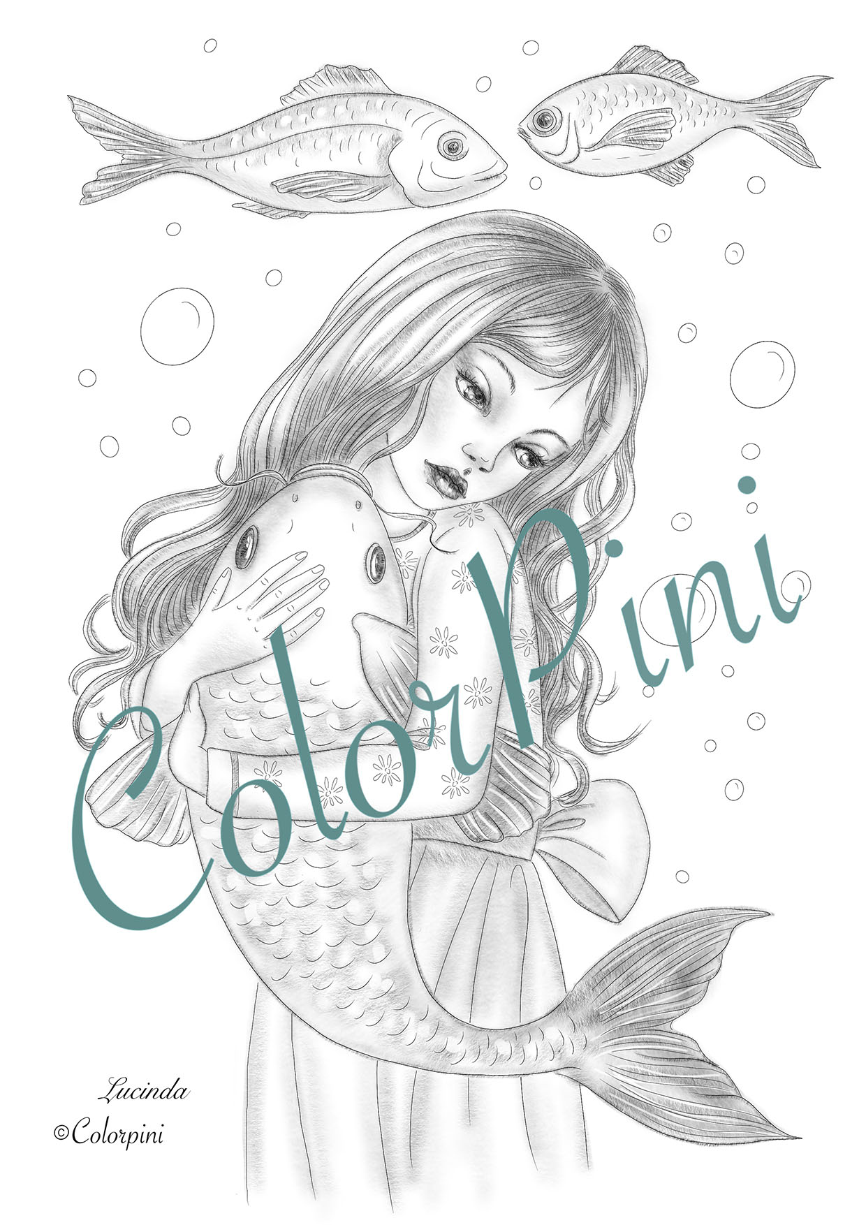 Lucinda, a hand-drawn grayscale fantasy woman coloring page by Carolyn Pini, Swiss artist
