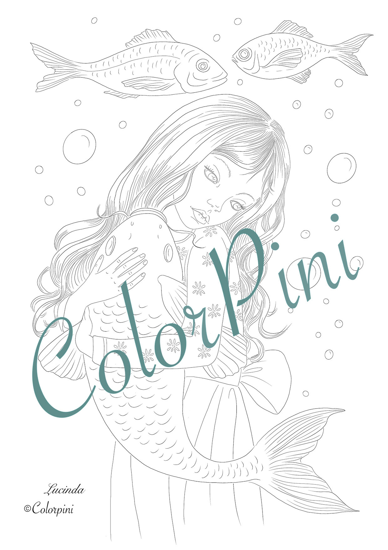 Lucinda, hand-drawn fantasy woman lineart by Carolyn Pini