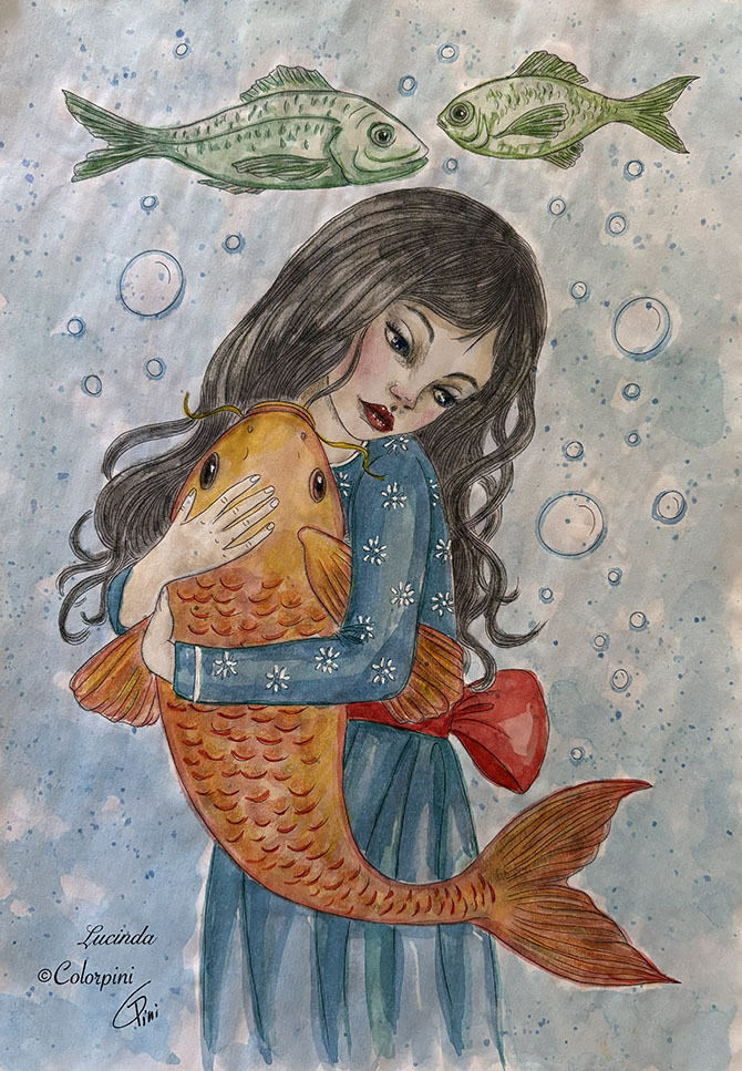 Lucinda, a watercolor fantasy woman painting by Carolyn Pini, Swiss artist
