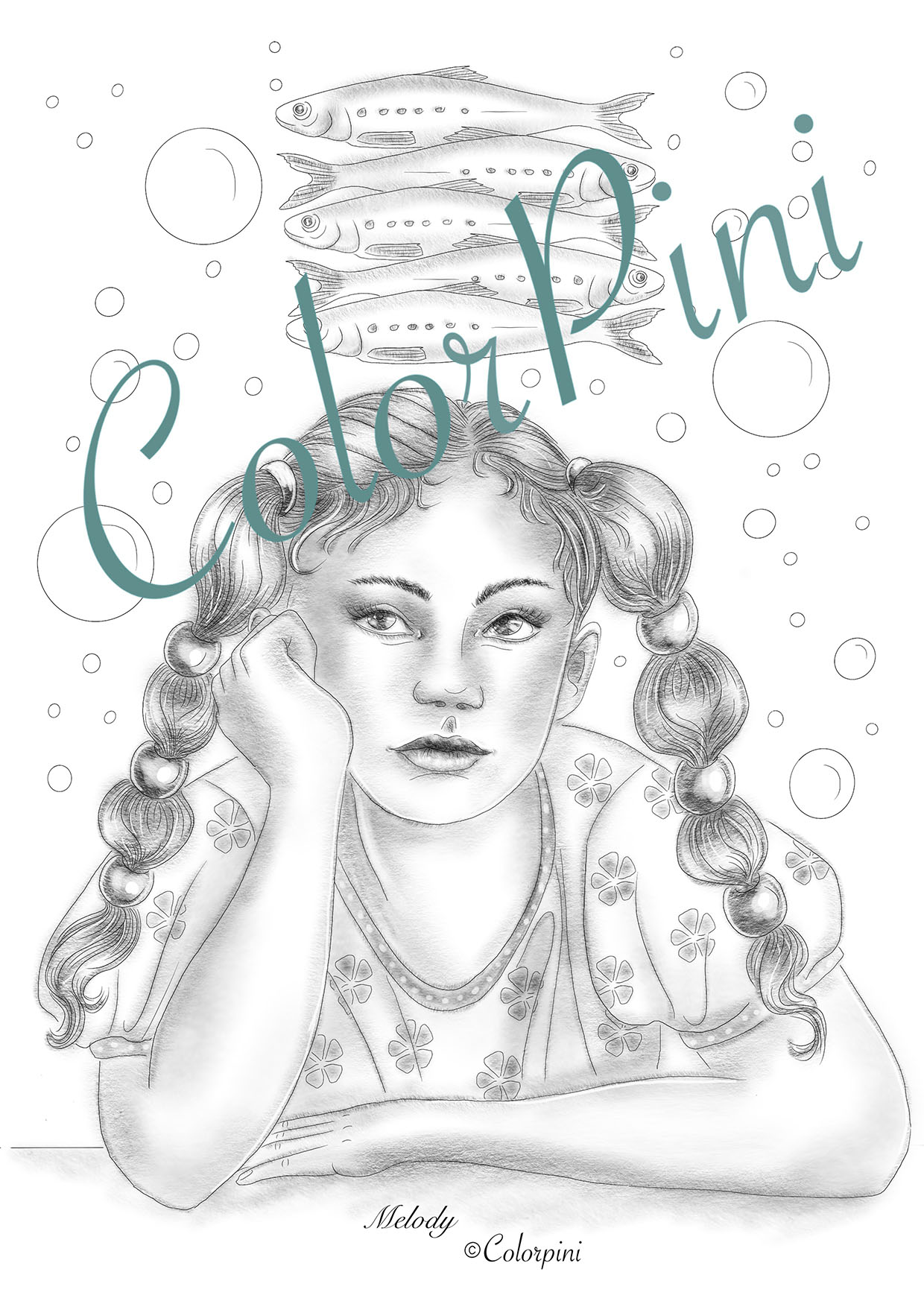 Melody, a hand-drawn grayscale fantasy woman coloring page by Carolyn Pini, Swiss artist