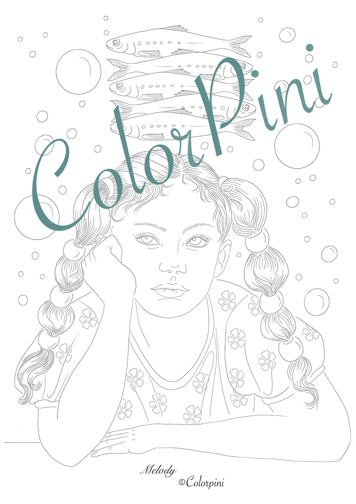 Melody, hand-drawn fantasy woman lineart by Carolyn Pini