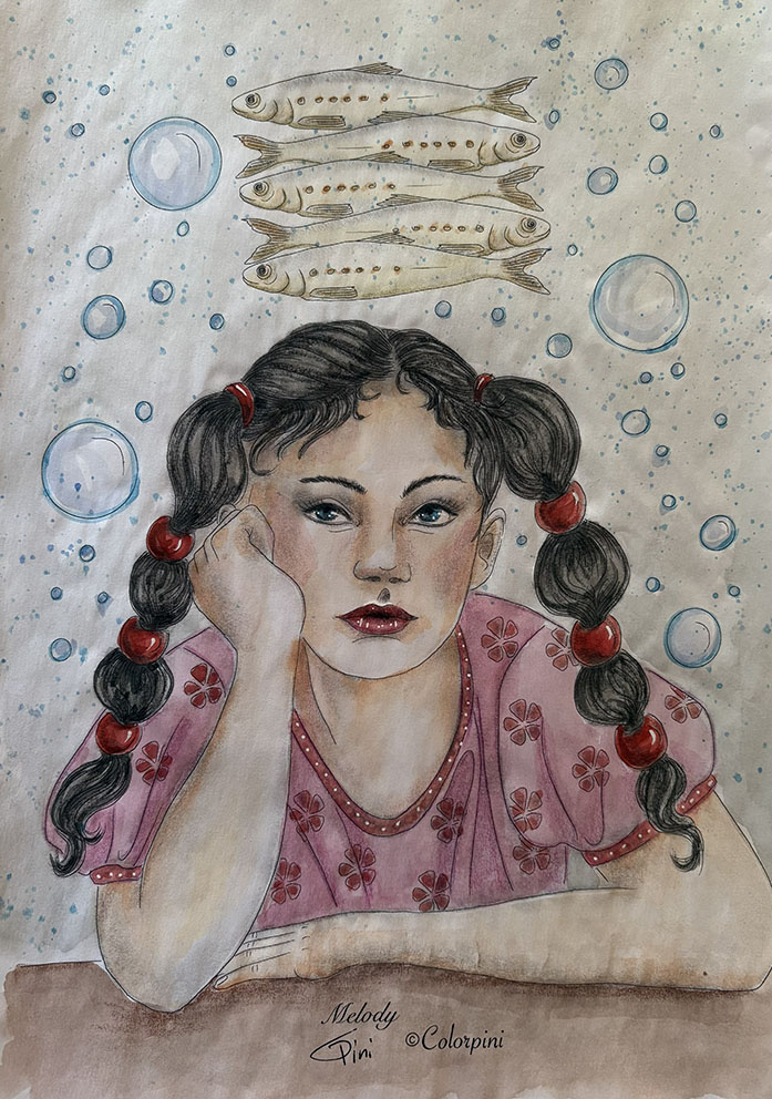 Melody, a watercolor fantasy woman painting by Carolyn Pini, Swiss artist